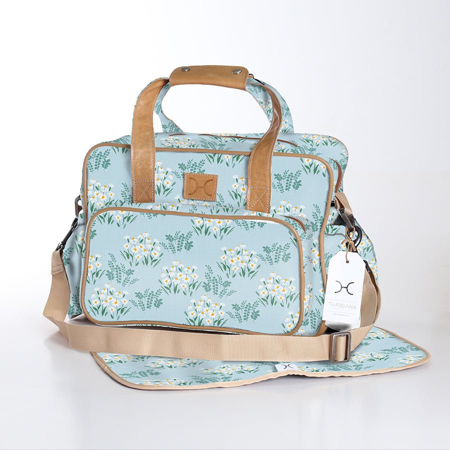 Baby Changing Bag | Laminated Fabric with Genuine Leather Crazy Daisy - Sage / Chunky Zip Nappy Bag Fabric by Thandana