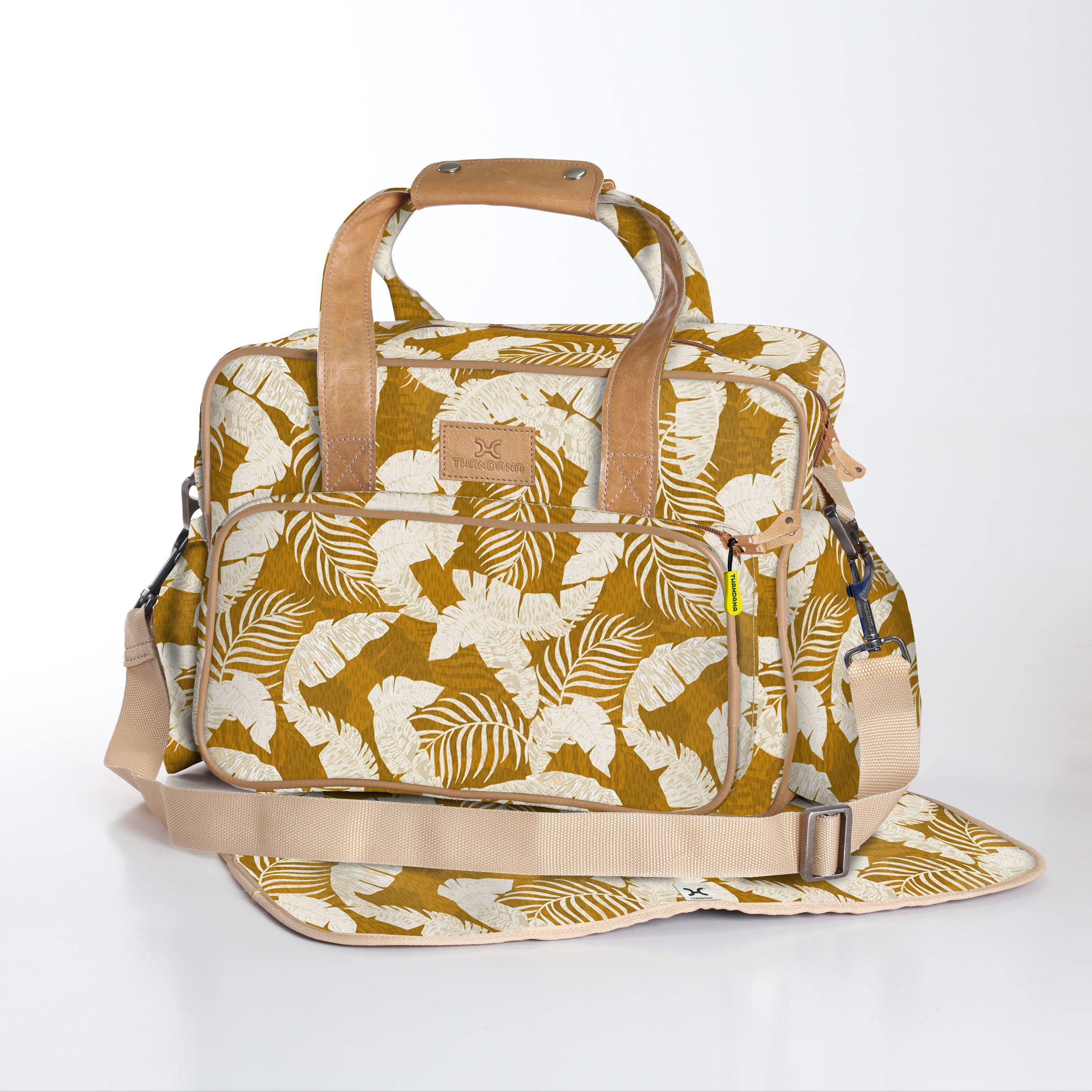 Baby Changing Bag | Laminated Fabric with Genuine Leather Fauna - Earth / Chunky Zip Nappy Bag Fabric by Thandana