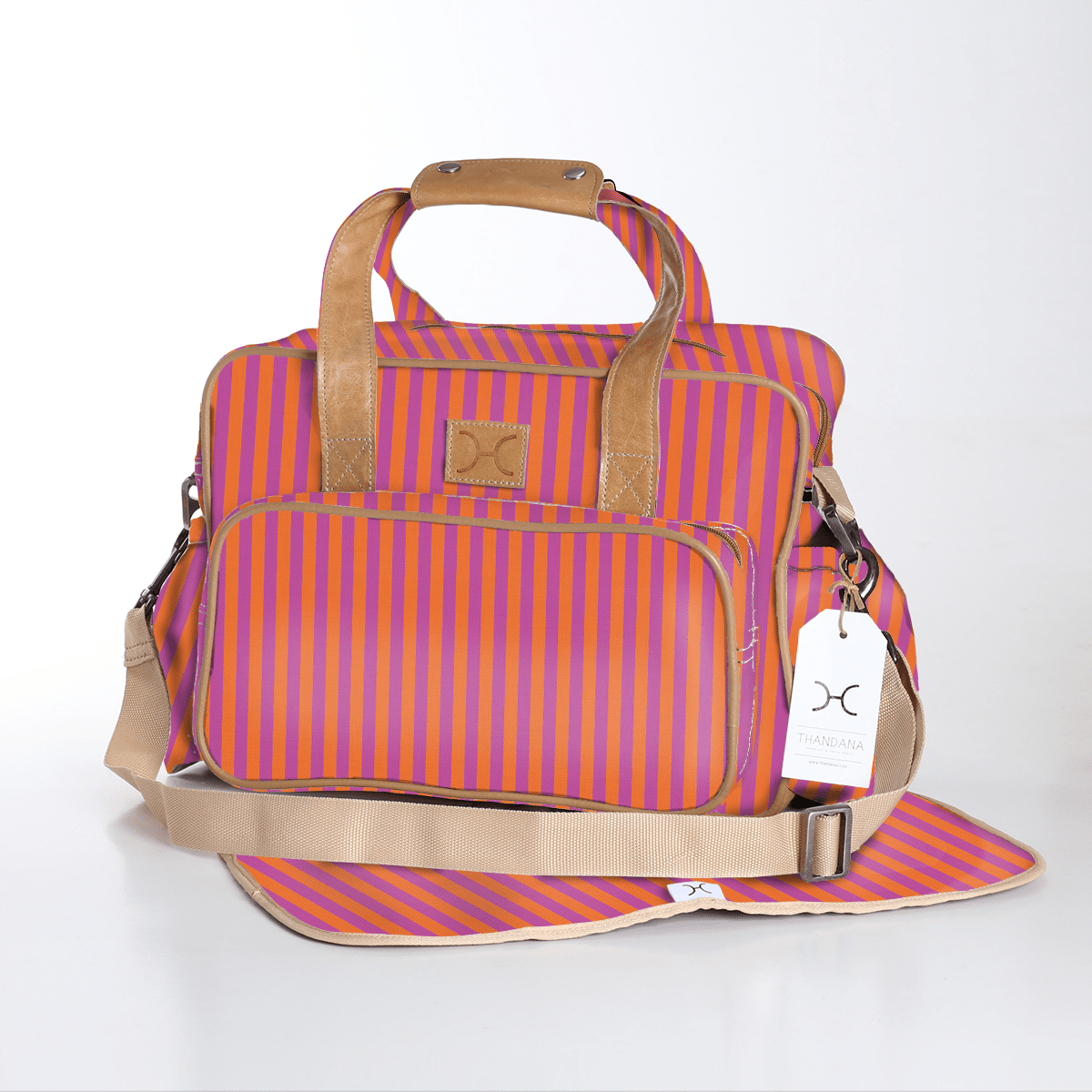 Baby Changing Bag | Laminated Fabric with Genuine Leather Linear - Preppy / Chunky Zip Nappy Bag Fabric by Thandana