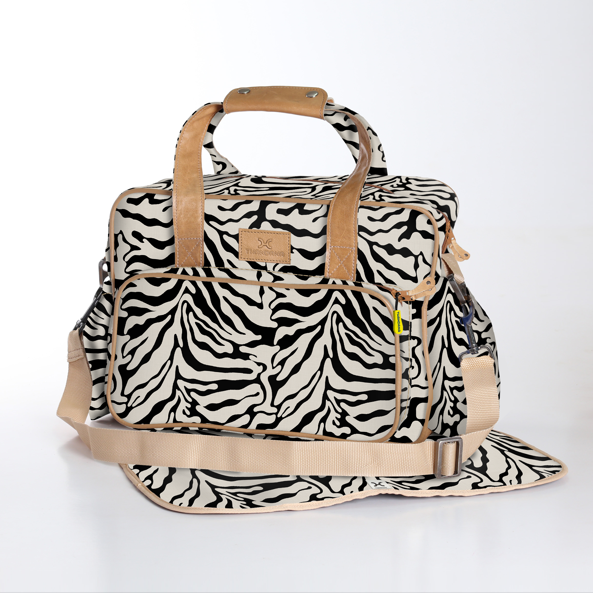 Baby Changing Bag | Laminated Fabric with Genuine Leather Nomad Stripe - Pitch / Chunky Zip Nappy Bag Fabric by Thandana
