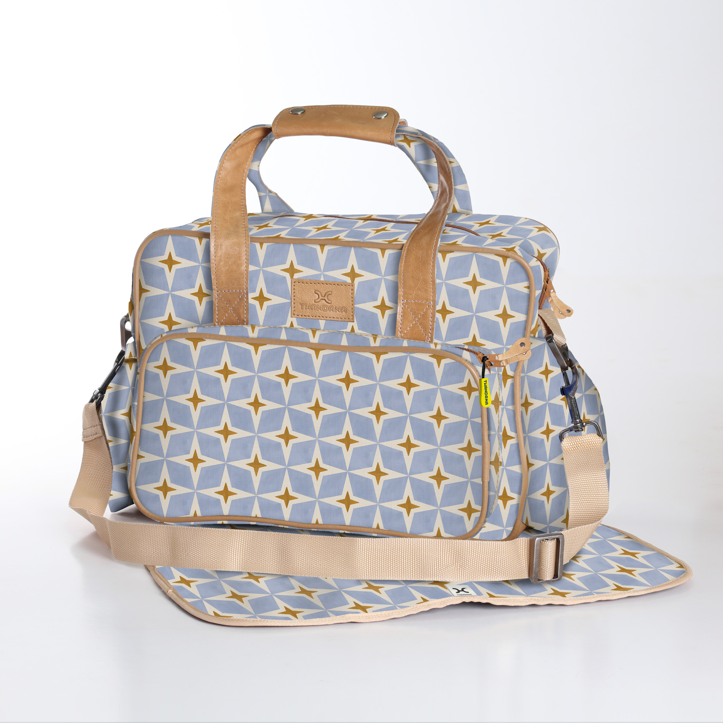 Baby Changing Bag | Laminated Fabric with Genuine Leather Nova - Mist / Chunky Zip Nappy Bag Fabric by Thandana
