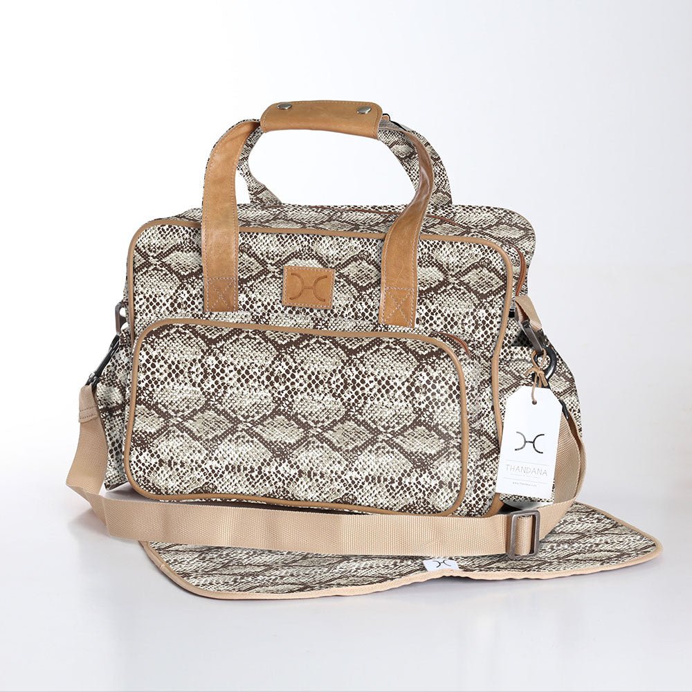 Baby Changing Bag | Laminated Fabric with Genuine Leather Python - Moody / Chunky Zip Nappy Bag Fabric by Thandana