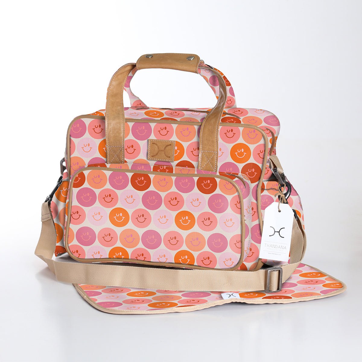 Baby Changing Bag | Laminated Fabric with Genuine Leather Smiley - Blush / Chunky Zip Nappy Bag Fabric by Thandana