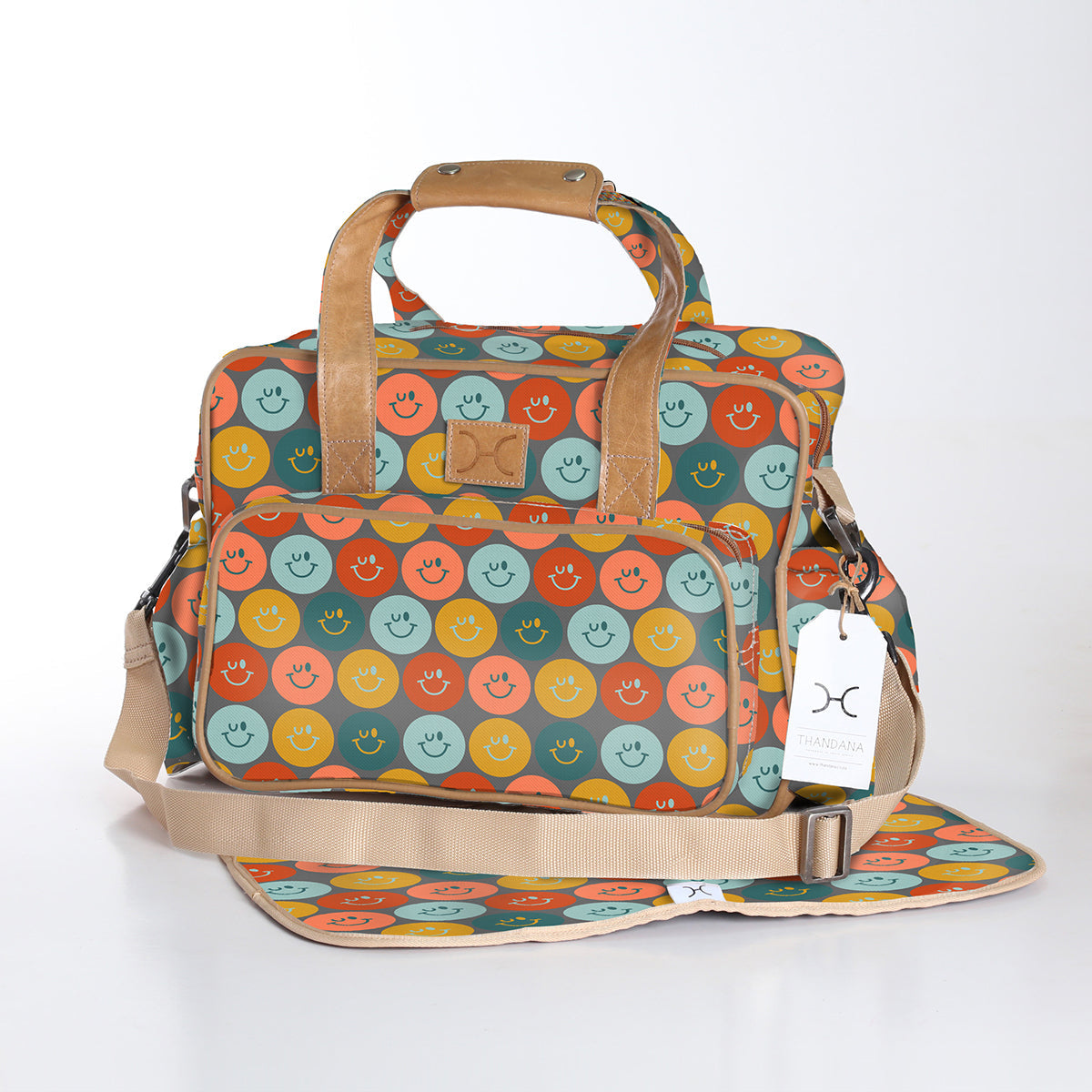 Baby Changing Bag | Laminated Fabric with Genuine Leather Smiley - Jet / Chunky Zip Nappy Bag Fabric by Thandana