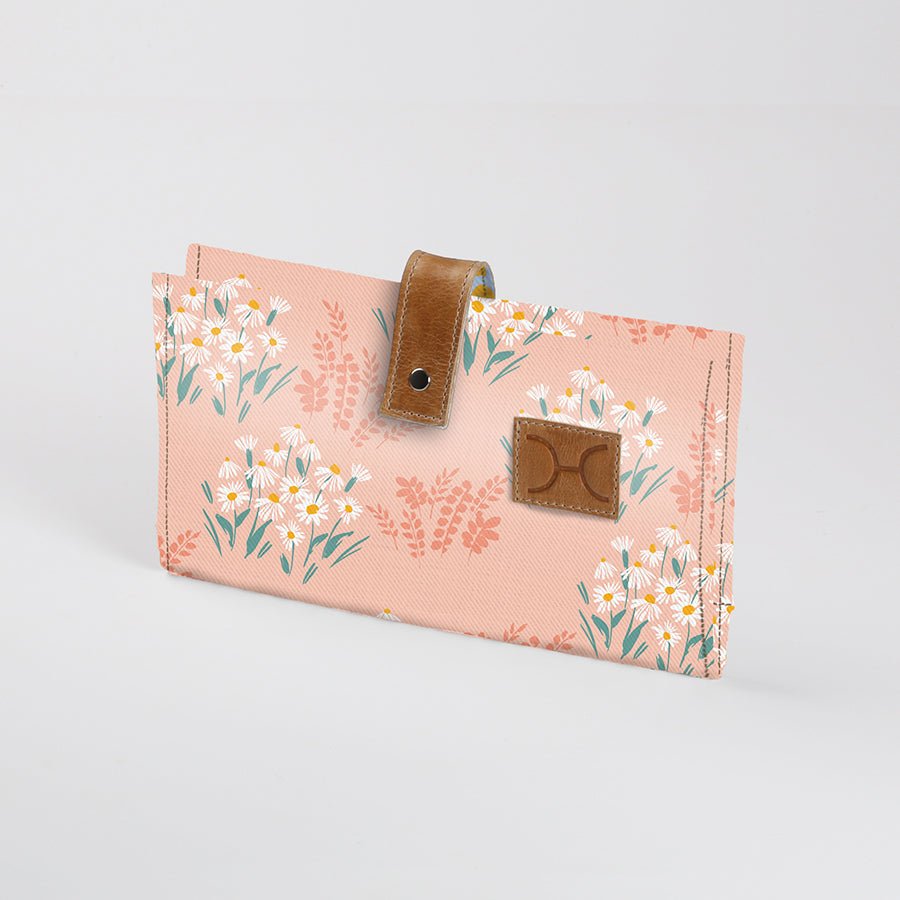 Baby Changing Wallet | Laminated Fabric with Genuine Leather Crazy Daisy - Blush Nappy Wallet Fabric by Thandana