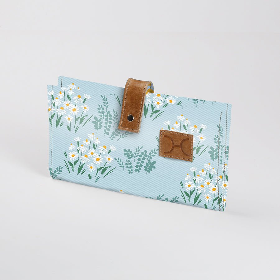 Baby Changing Wallet | Laminated Fabric with Genuine Leather Crazy Daisy - Sage Nappy Wallet Fabric by Thandana