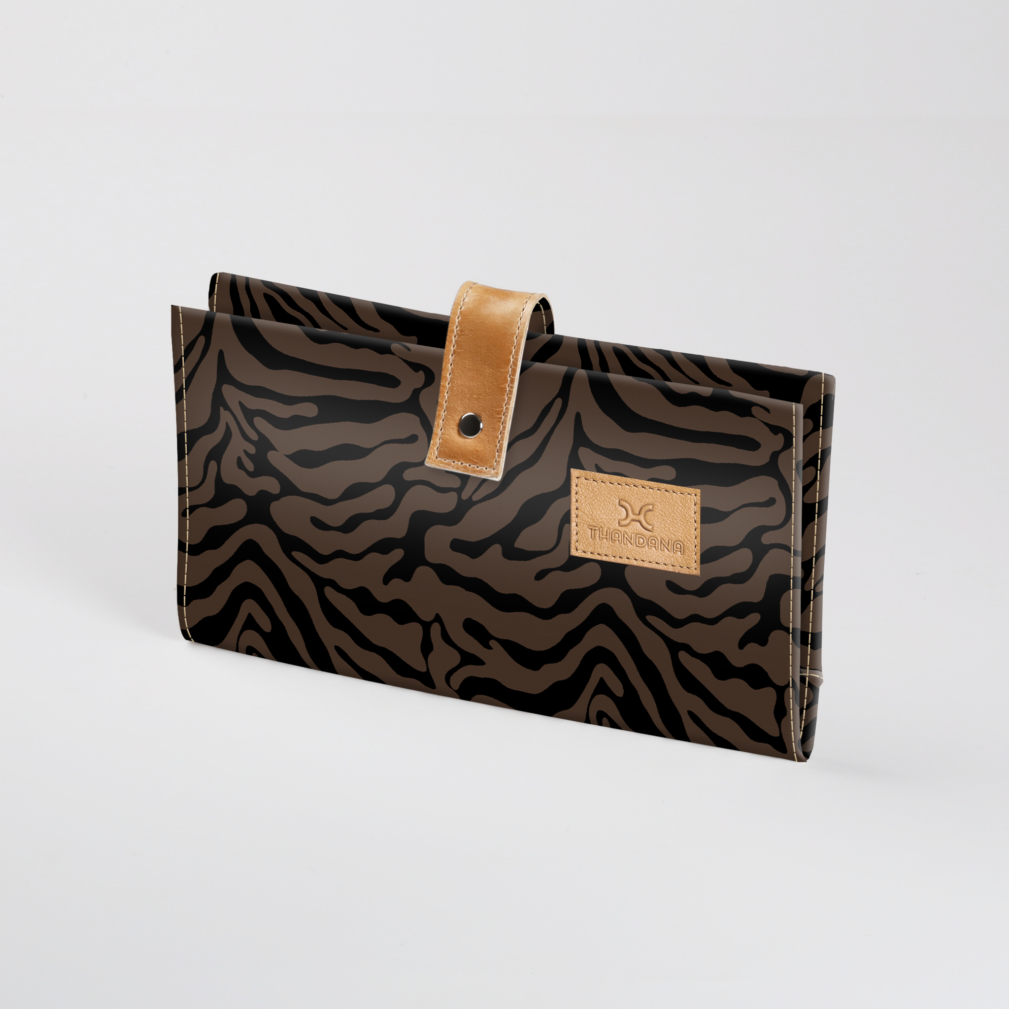 Baby Changing Wallet | Laminated Fabric with Genuine Leather Nomad Stripe - Coffee Nappy Wallet Fabric by Thandana