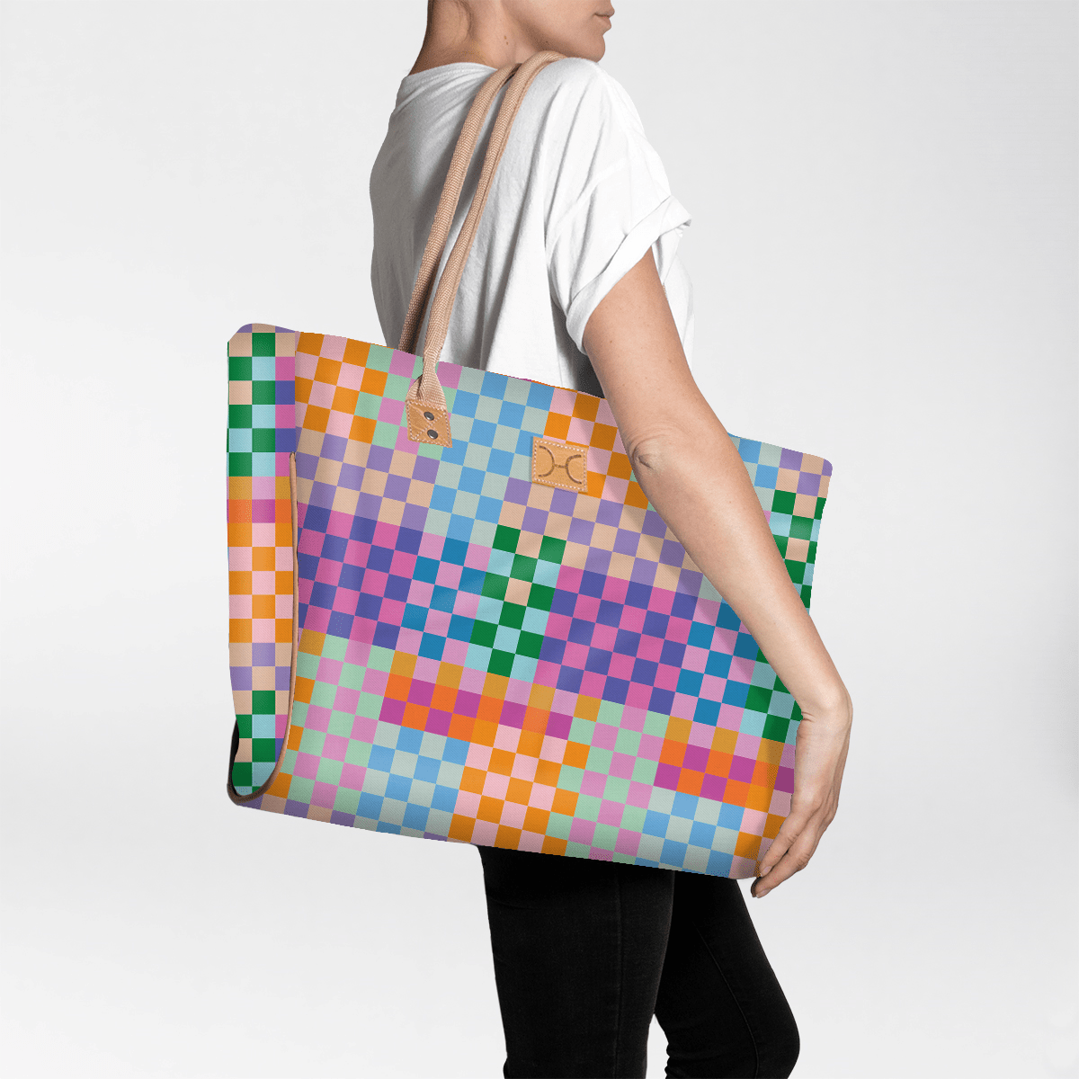 Beach Bag Large | Laminated Fabric Checker - Preppy / Chunky Zip Utility Shopper Bag by Thandana