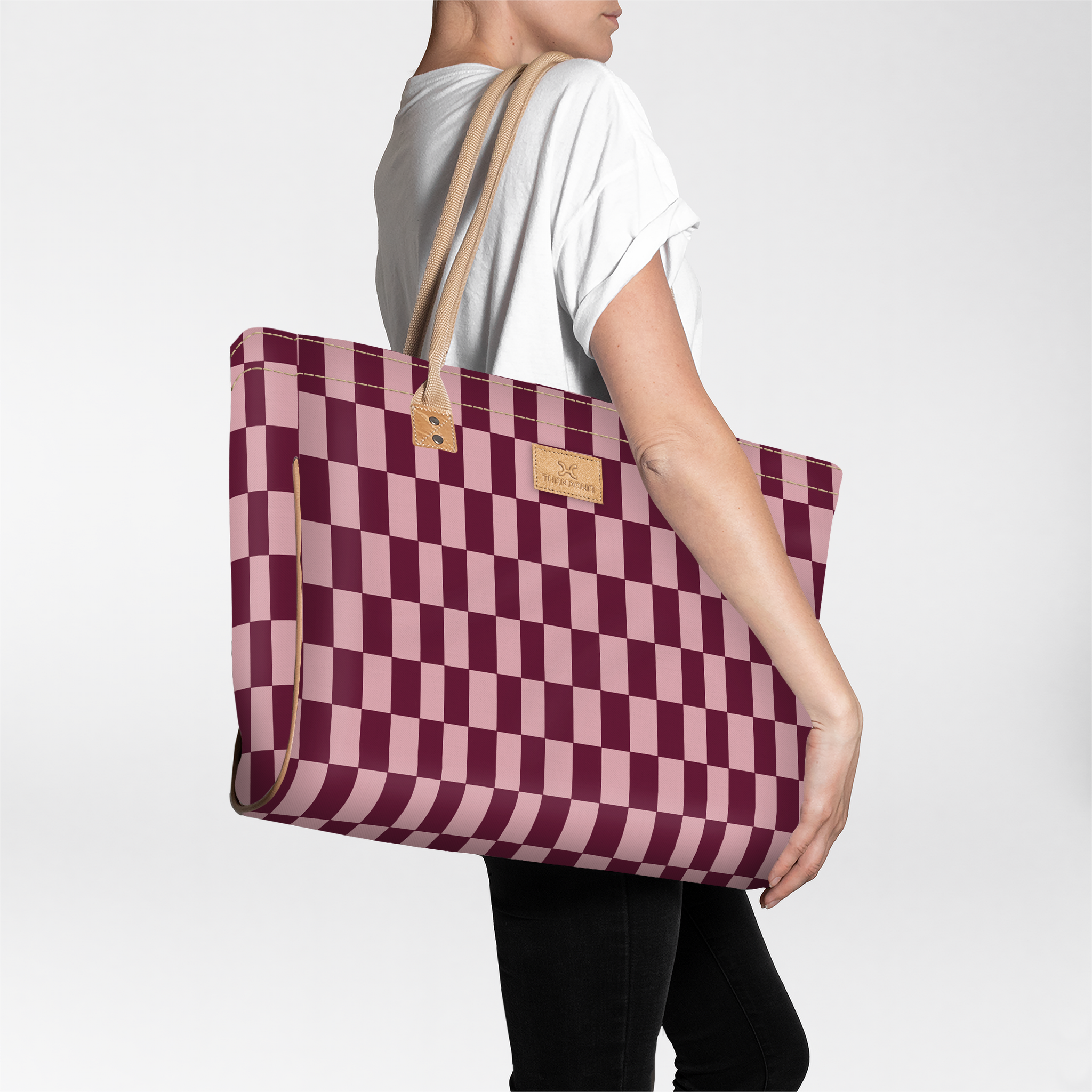 Beach Bag Large | Laminated Fabric Checkmate - Cherry / Chunky Zip Utility Shopper Bag by Thandana