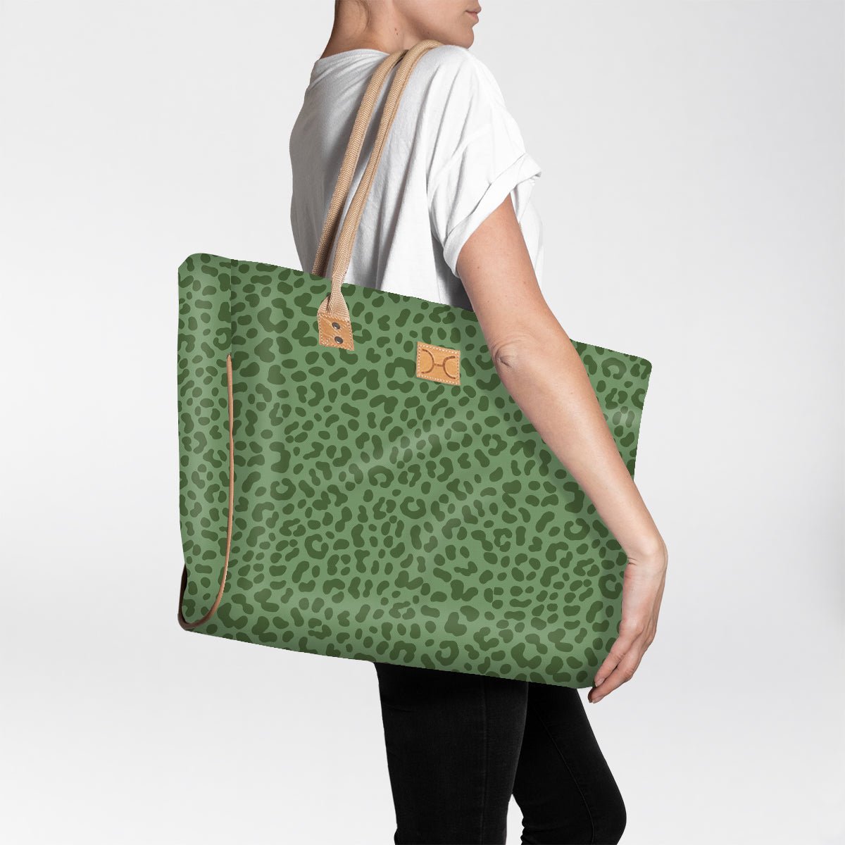 Beach Bag Large | Laminated Fabric Cheetah - Olive / Chunky Zip Utility Shopper Bag by Thandana