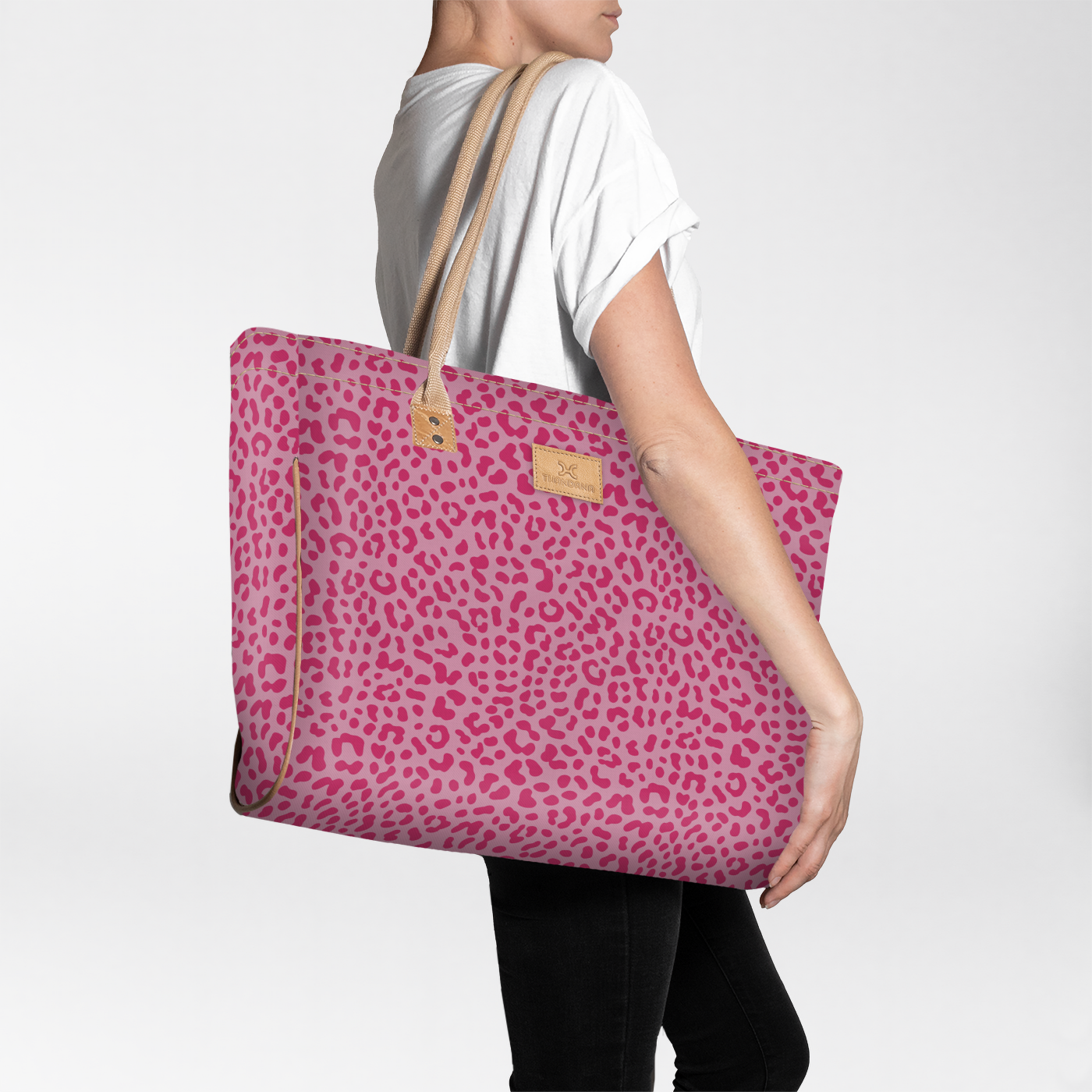 Beach Bag Large | Laminated Fabric Cheetah - Pink / Chunky Zip Utility Shopper Bag by Thandana