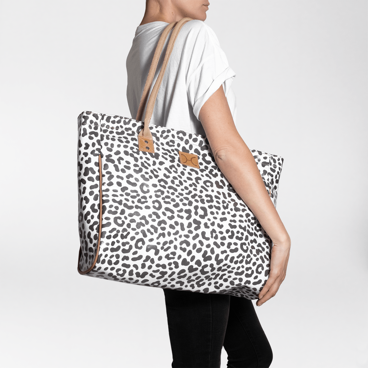 Beach Bag Large | Laminated Fabric Cheetah - White / Chunky Zip Utility Shopper Bag by Thandana