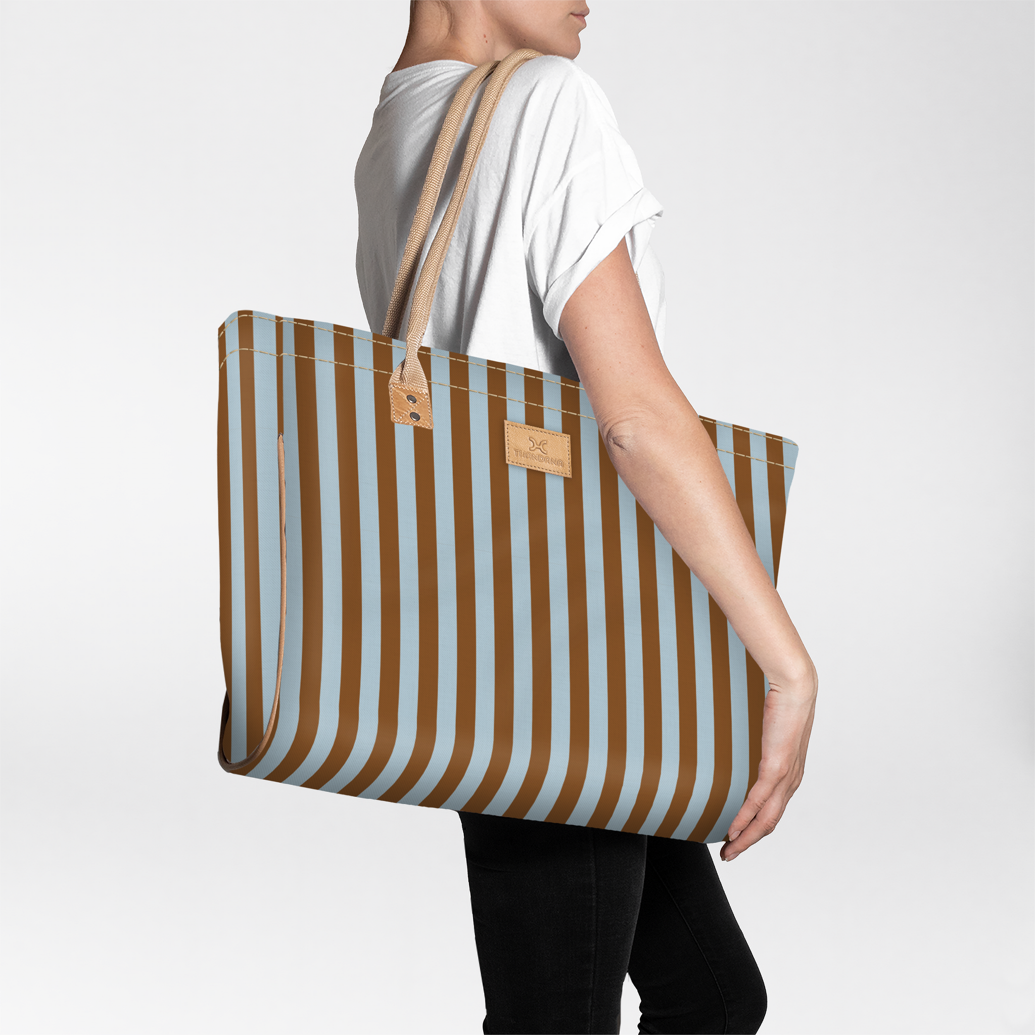 Beach Bag Large | Laminated Fabric Coastal Stripe - Blue / Chunky Zip Utility Shopper Bag by Thandana
