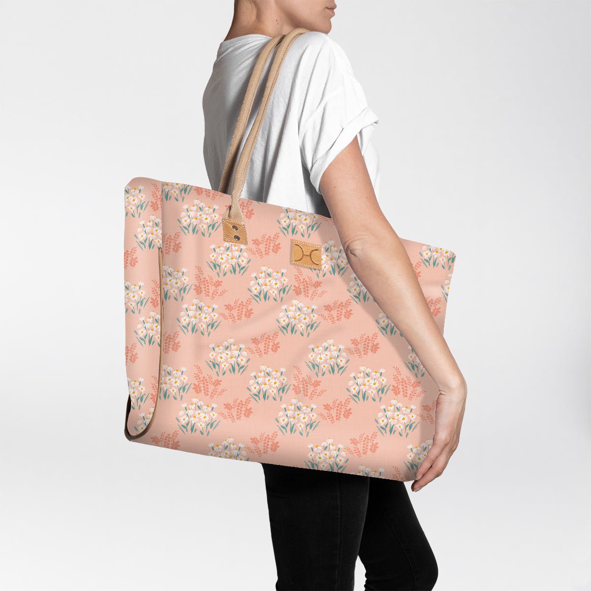 Beach Bag Large | Laminated Fabric Crazy Daisy - Blush / Chunky Zip Utility Shopper Bag by Thandana