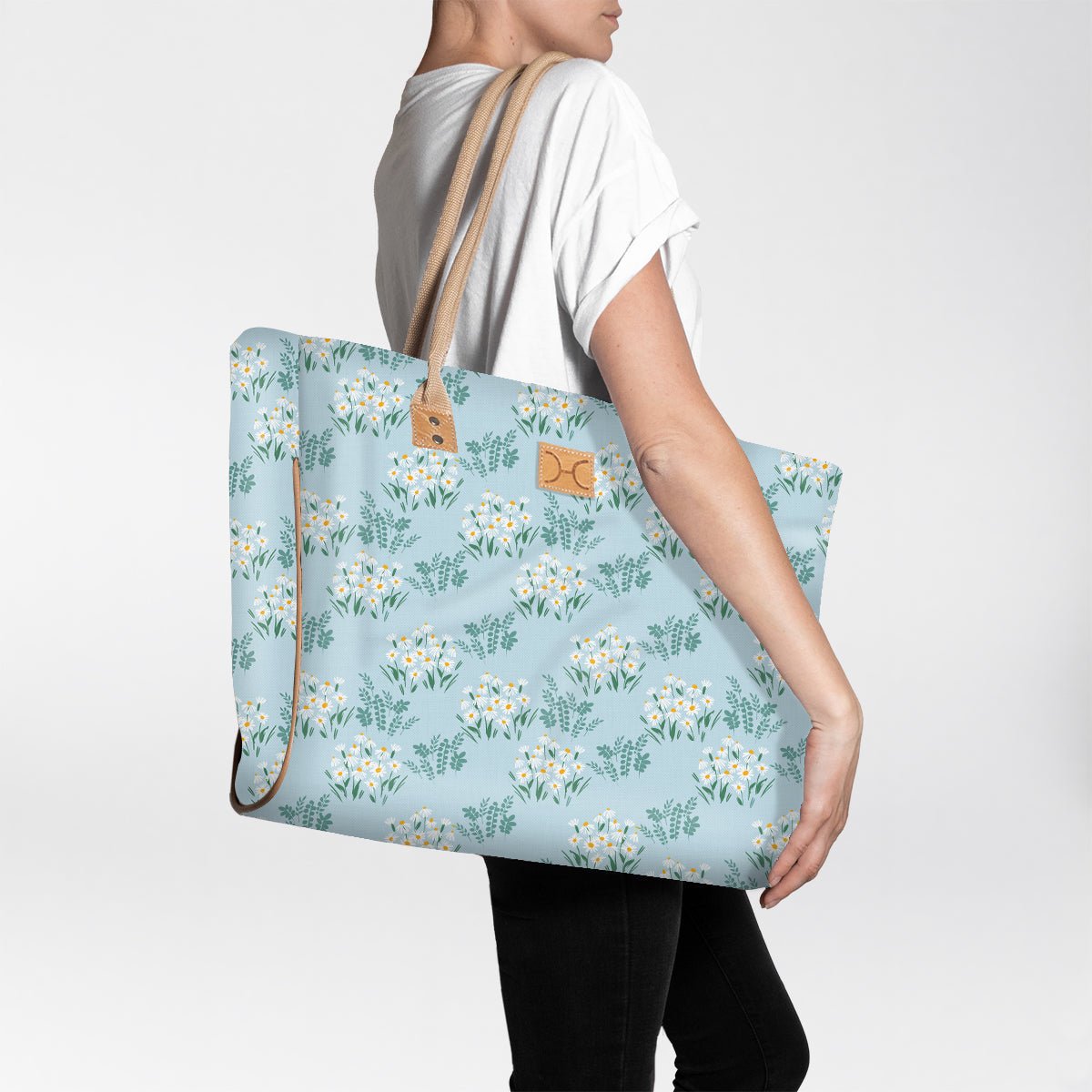 Beach Bag Large | Laminated Fabric Crazy Daisy - Sage / Chunky Zip Utility Shopper Bag by Thandana