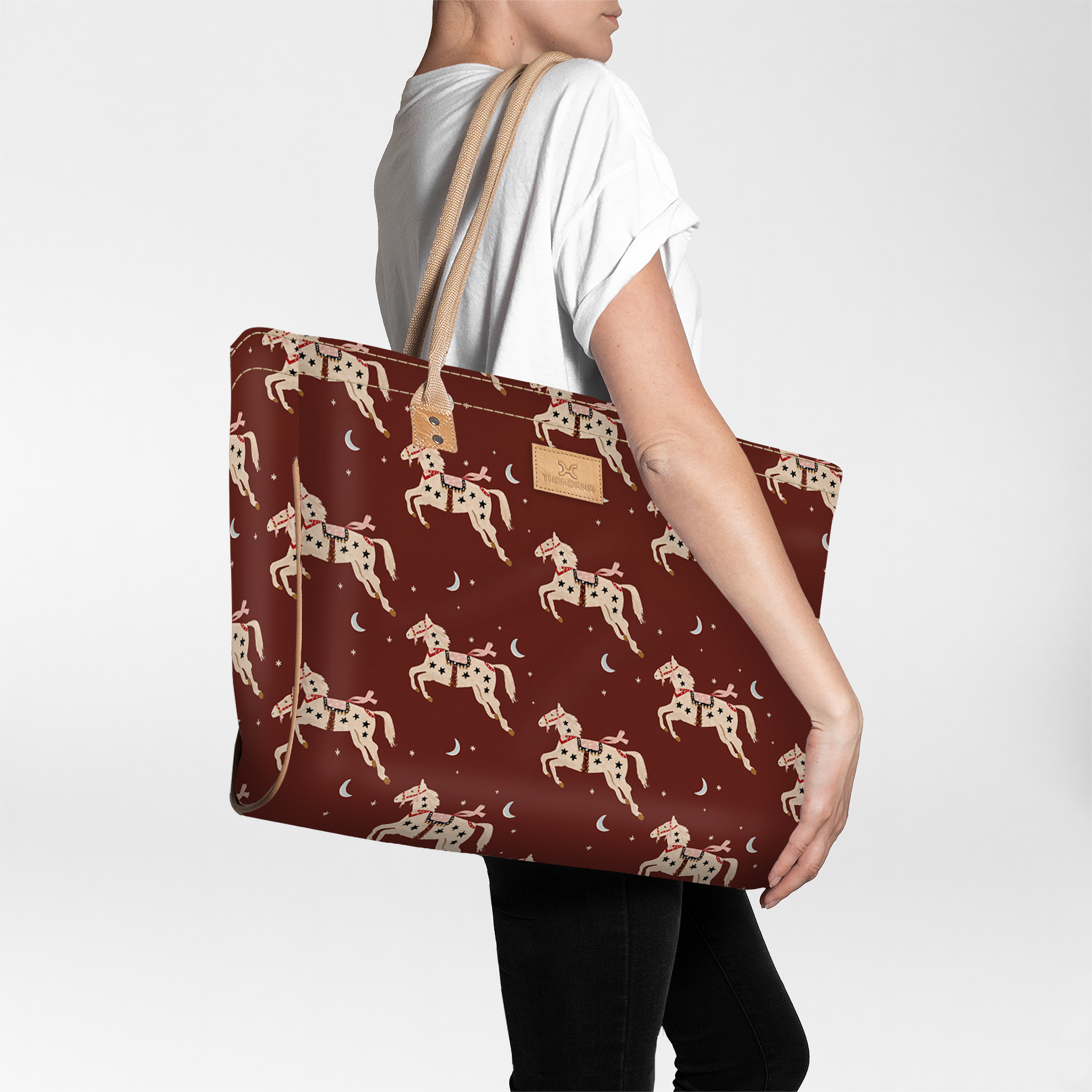 Beach Bag Large | Laminated Fabric Midnight Pony - Cherry / Chunky Zip Utility Shopper Bag by Thandana