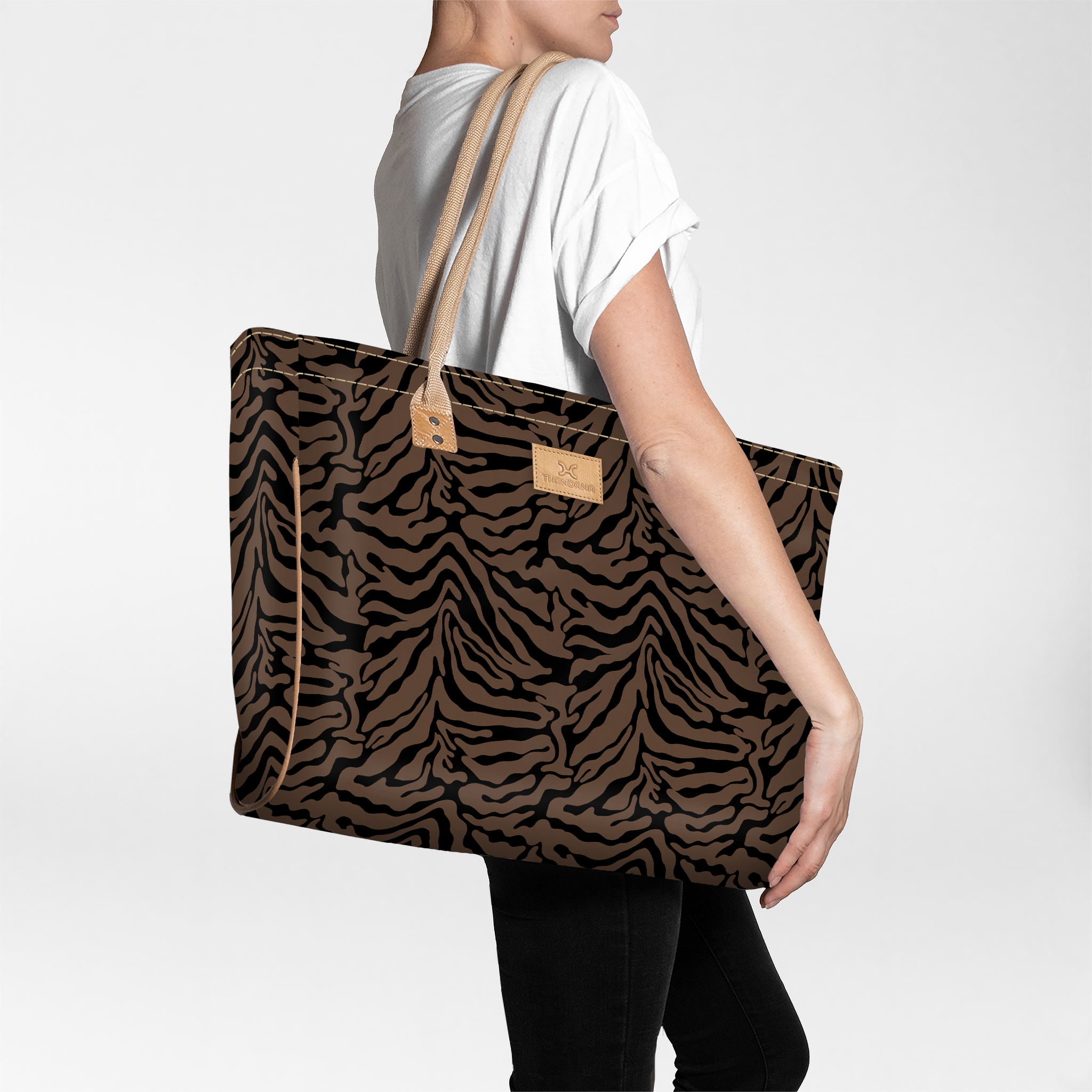 Beach Bag Large | Laminated Fabric Nomad Stripe - Coffee / Chunky Zip Utility Shopper Bag by Thandana