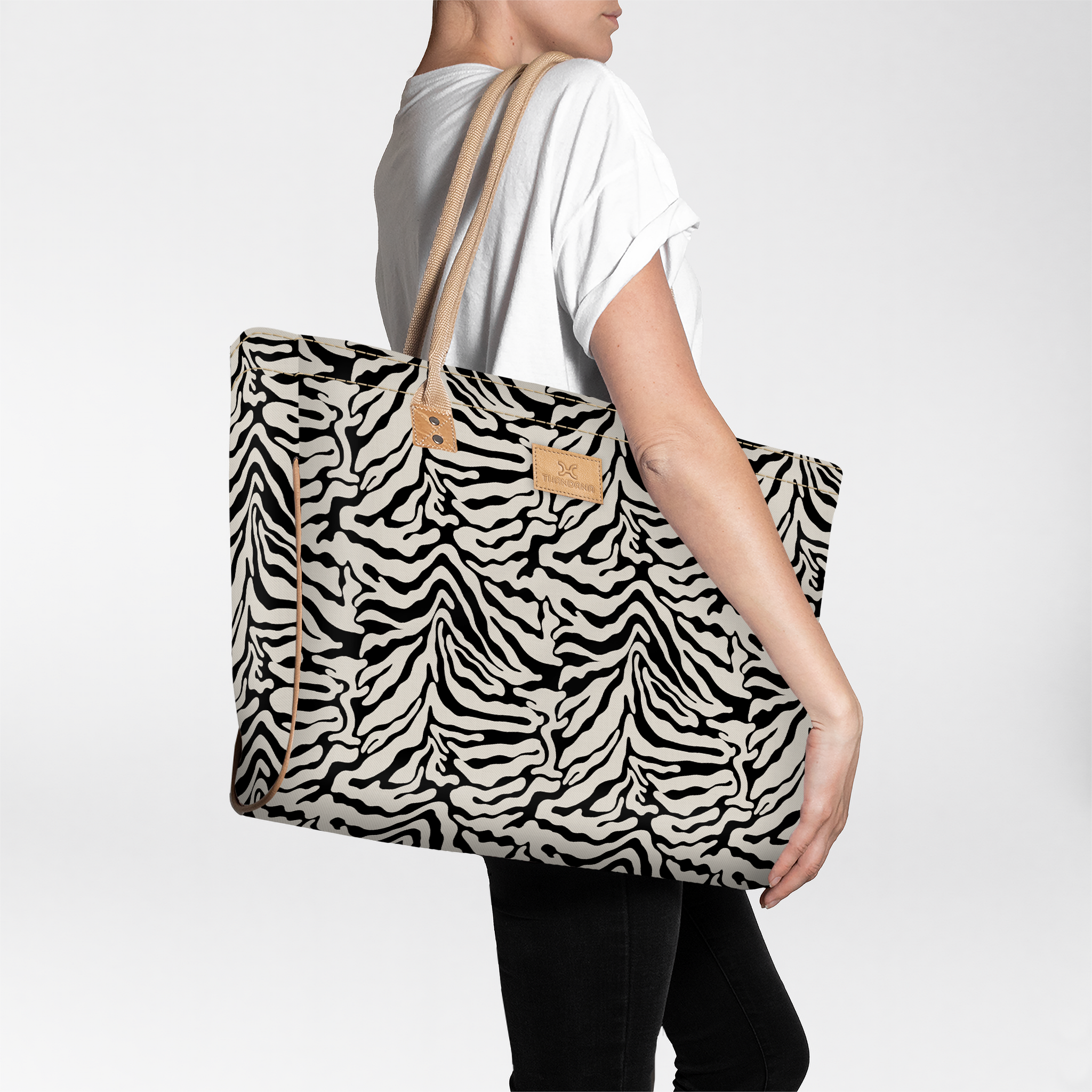 Beach Bag Large | Laminated Fabric Nomad Stripe - Pitch / Chunky Zip Utility Shopper Bag by Thandana