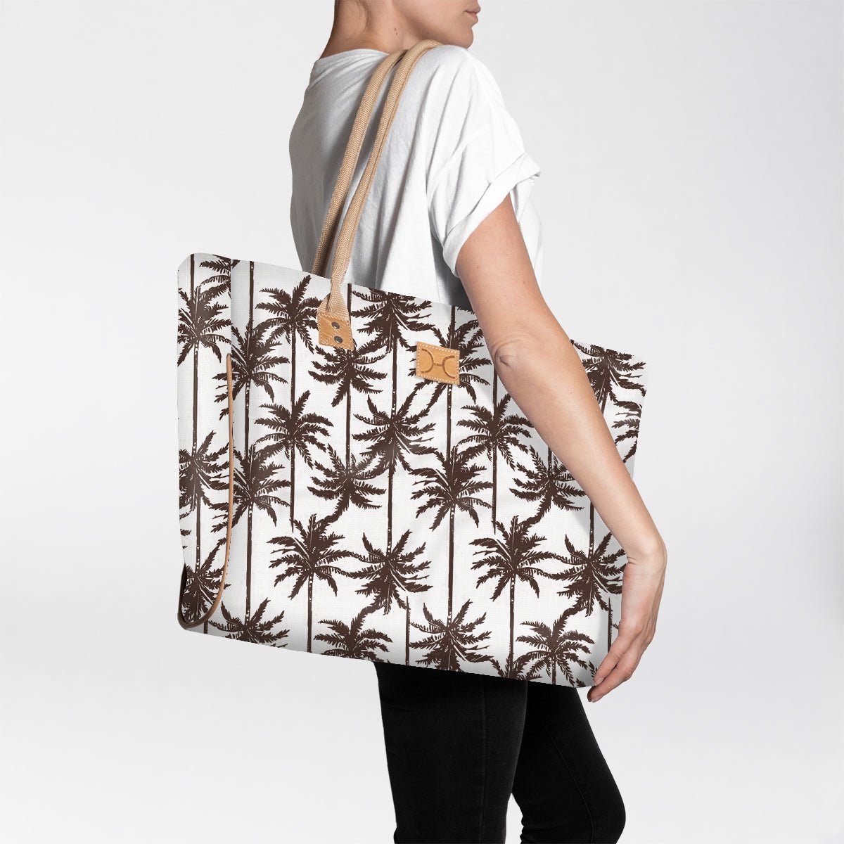 Beach Bag Large | Laminated Fabric Palm - Neutral / Chunky Zip Utility Shopper Bag by Thandana
