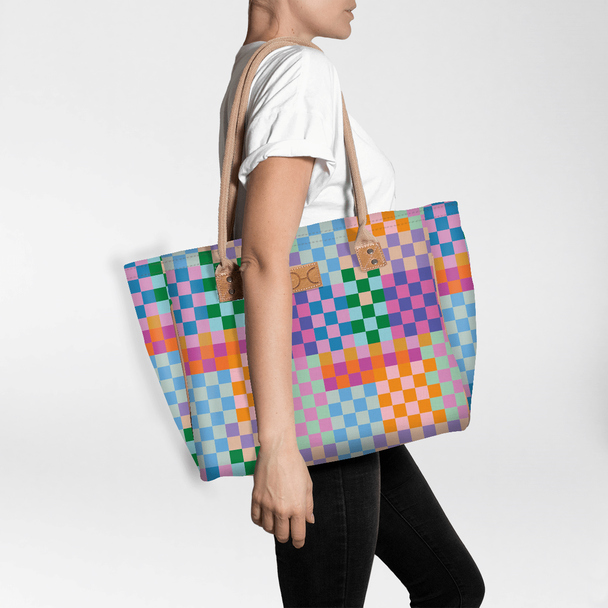 Beach Bag Medium | Laminated Fabric Checker - Preppy / Chunky Zip Utility Shopper Bag by Thandana