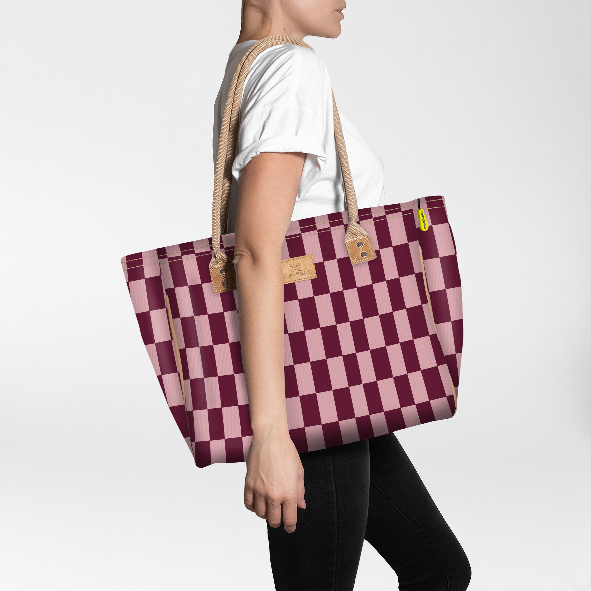 Beach Bag Medium | Laminated Fabric Checkmate - Cherry / Chunky Zip Utility Shopper Bag by Thandana
