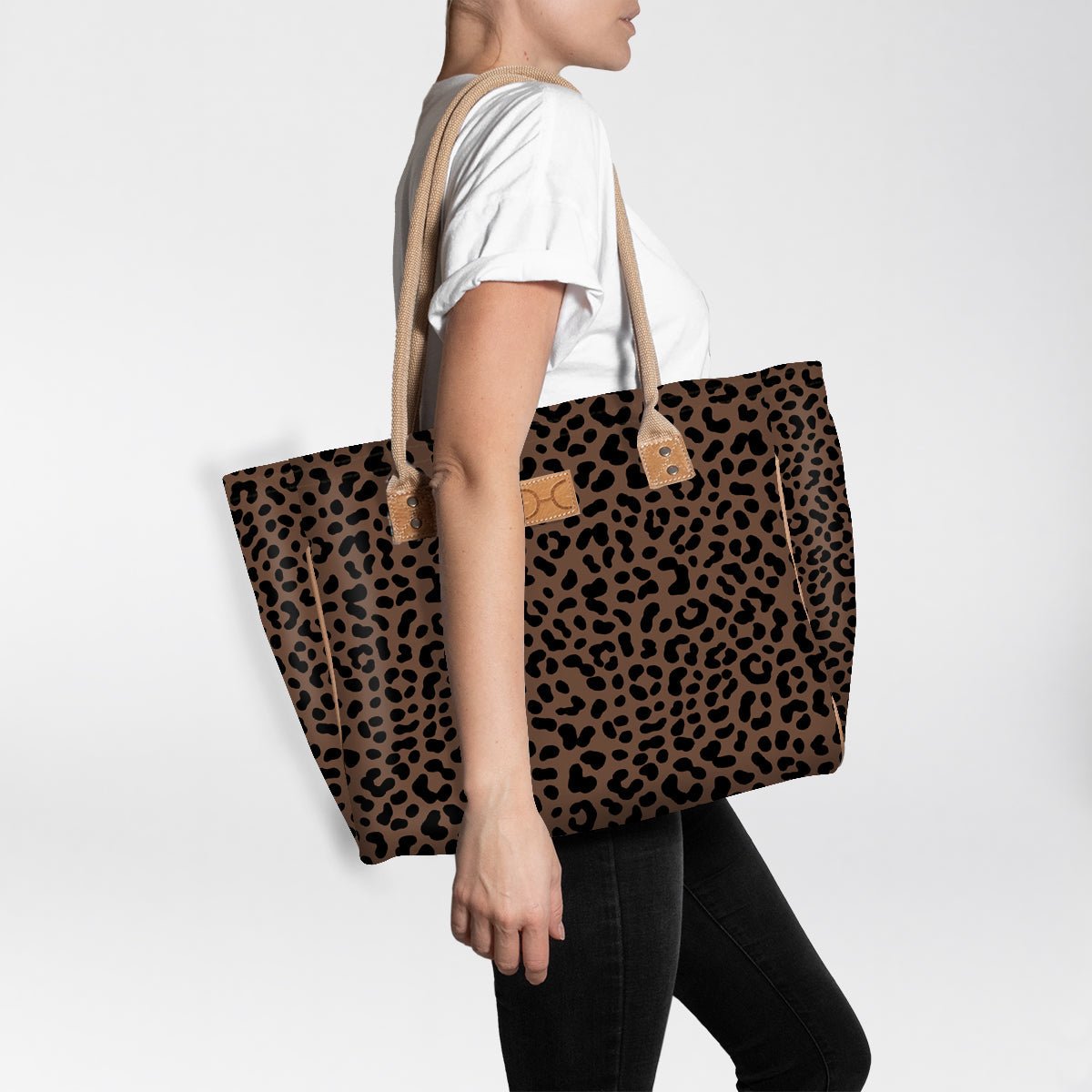 Beach Bag Medium | Laminated Fabric Cheetah - Coffee / Chunky Zip Utility Shopper Bag by Thandana