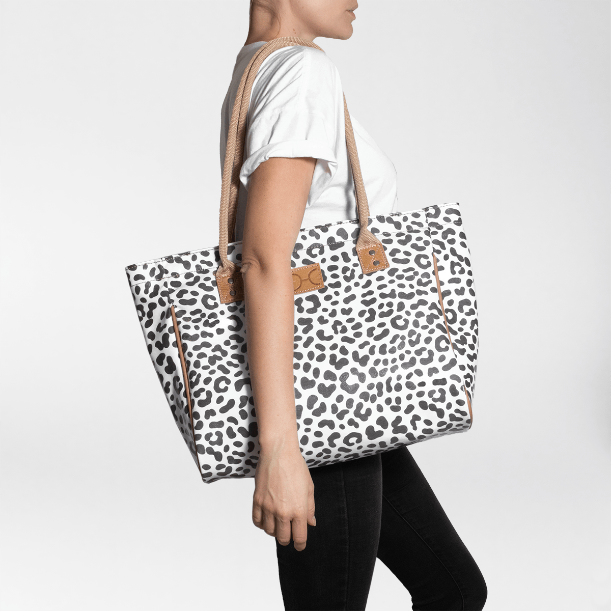 Beach Bag Medium | Laminated Fabric Cheetah - White / Chunky Zip Utility Shopper Bag by Thandana