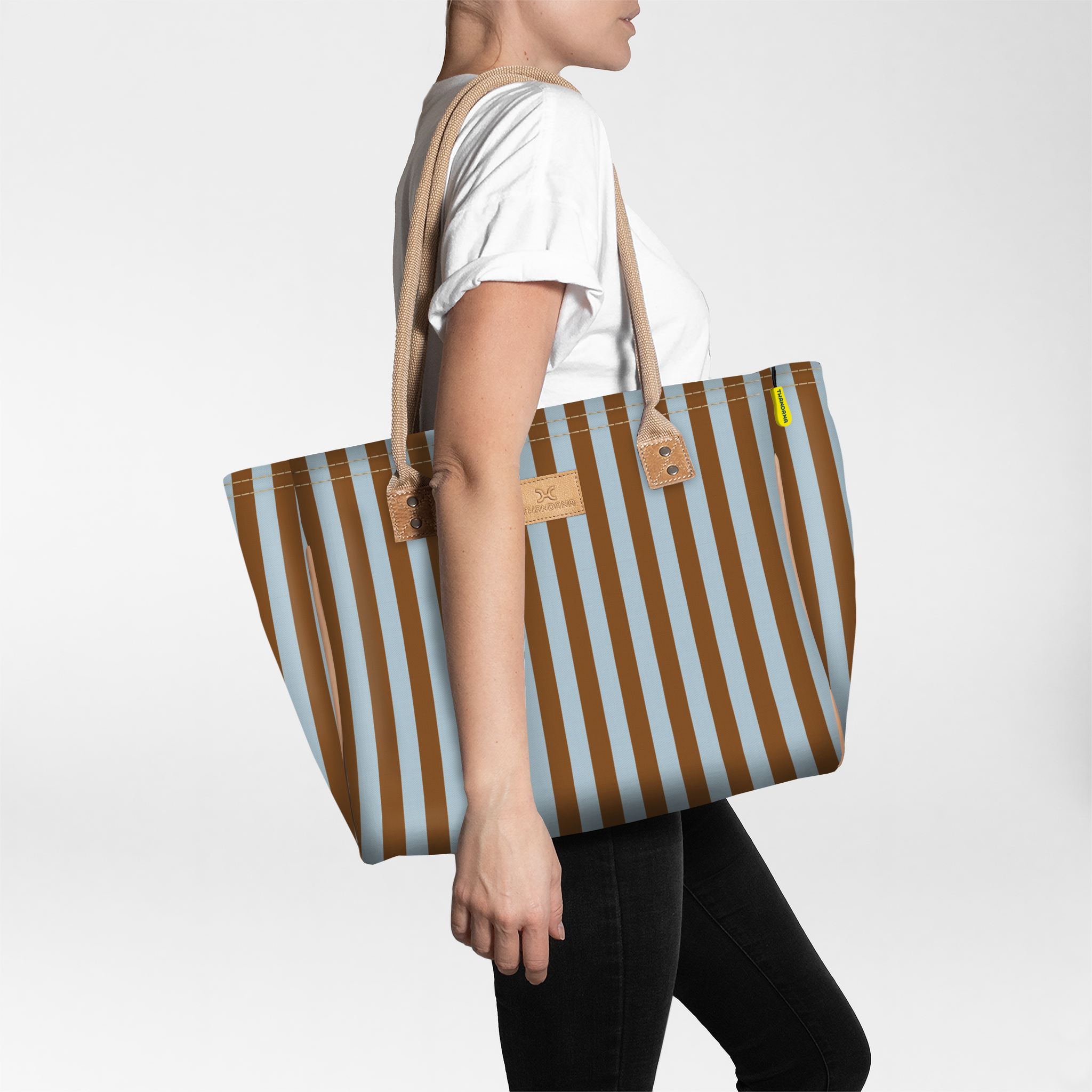 Beach Bag Medium | Laminated Fabric Coastal Stripe - Blue / Chunky Zip Utility Shopper Bag by Thandana