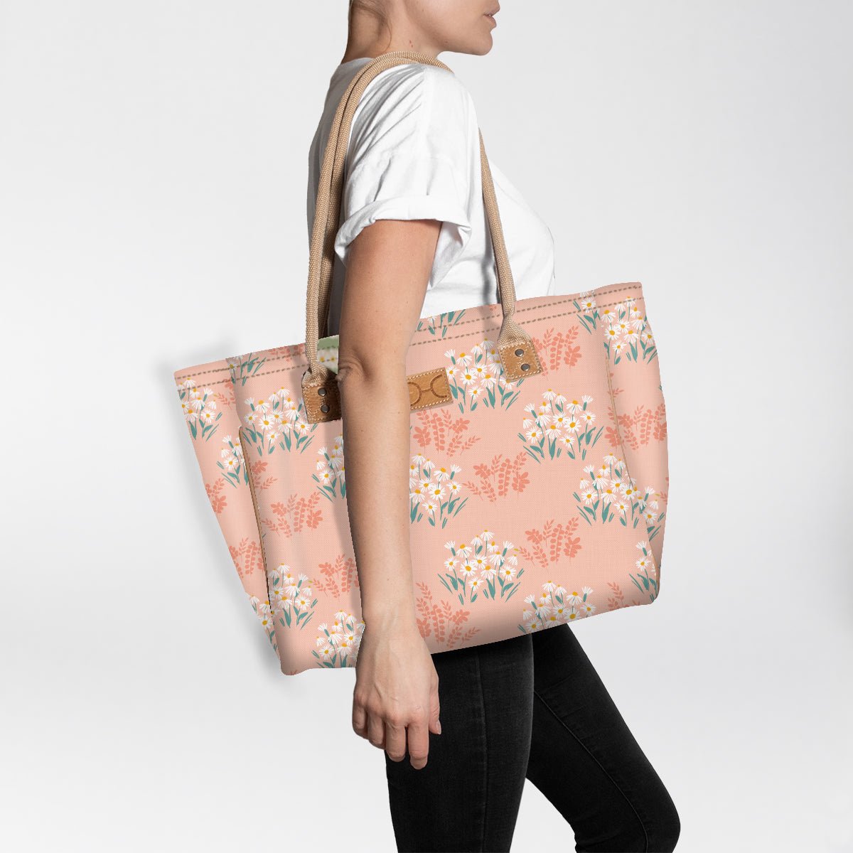Beach Bag Medium | Laminated Fabric Crazy Daisy - Blush / Chunky Zip Utility Shopper Bag by Thandana