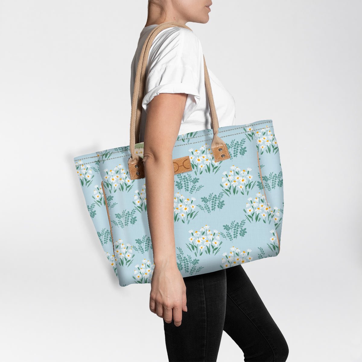 Beach Bag Medium | Laminated Fabric Crazy Daisy - Sage / Chunky Zip Utility Shopper Bag by Thandana