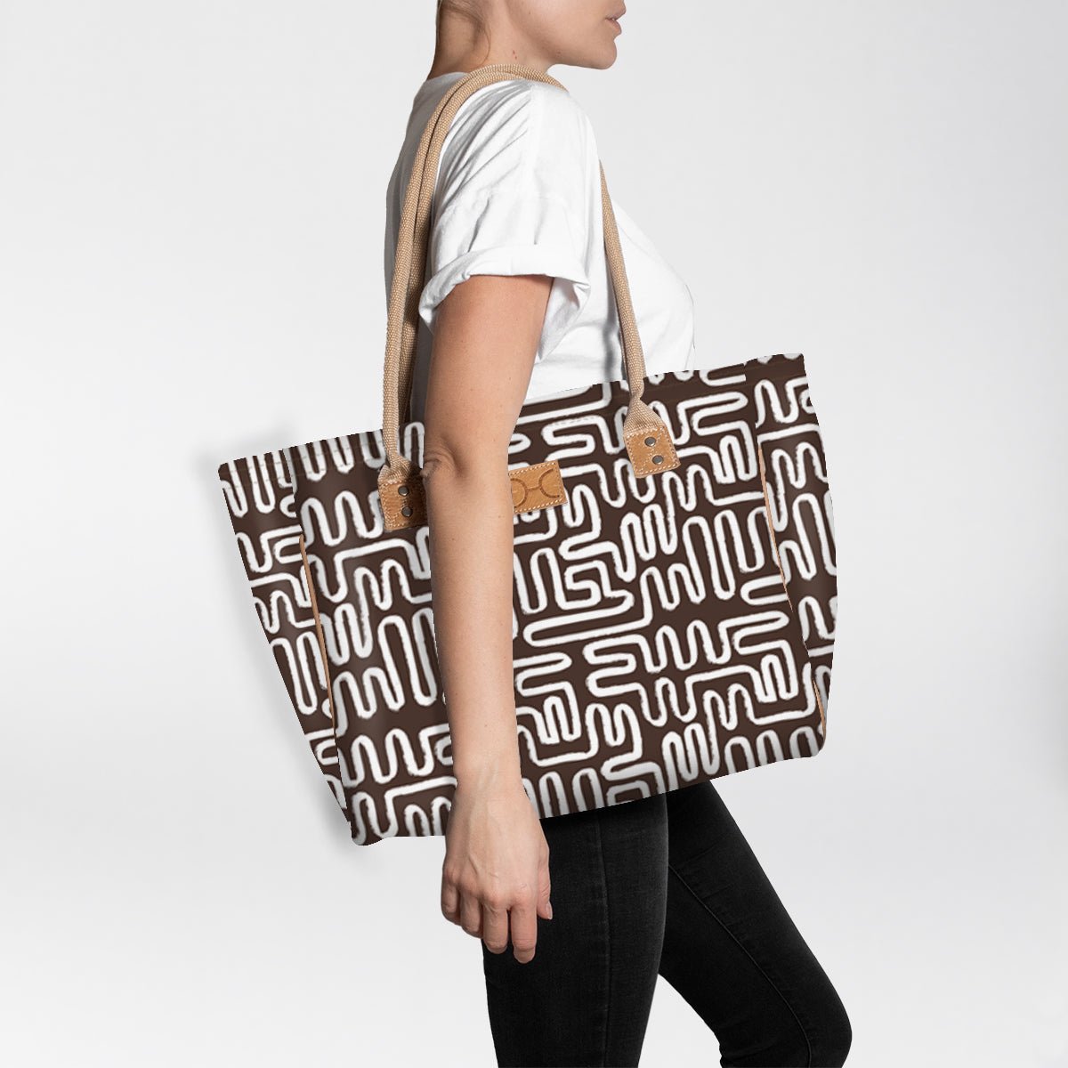 Beach Bag Medium | Laminated Fabric Geo - Black / Chunky Zip Utility Shopper Bag by Thandana