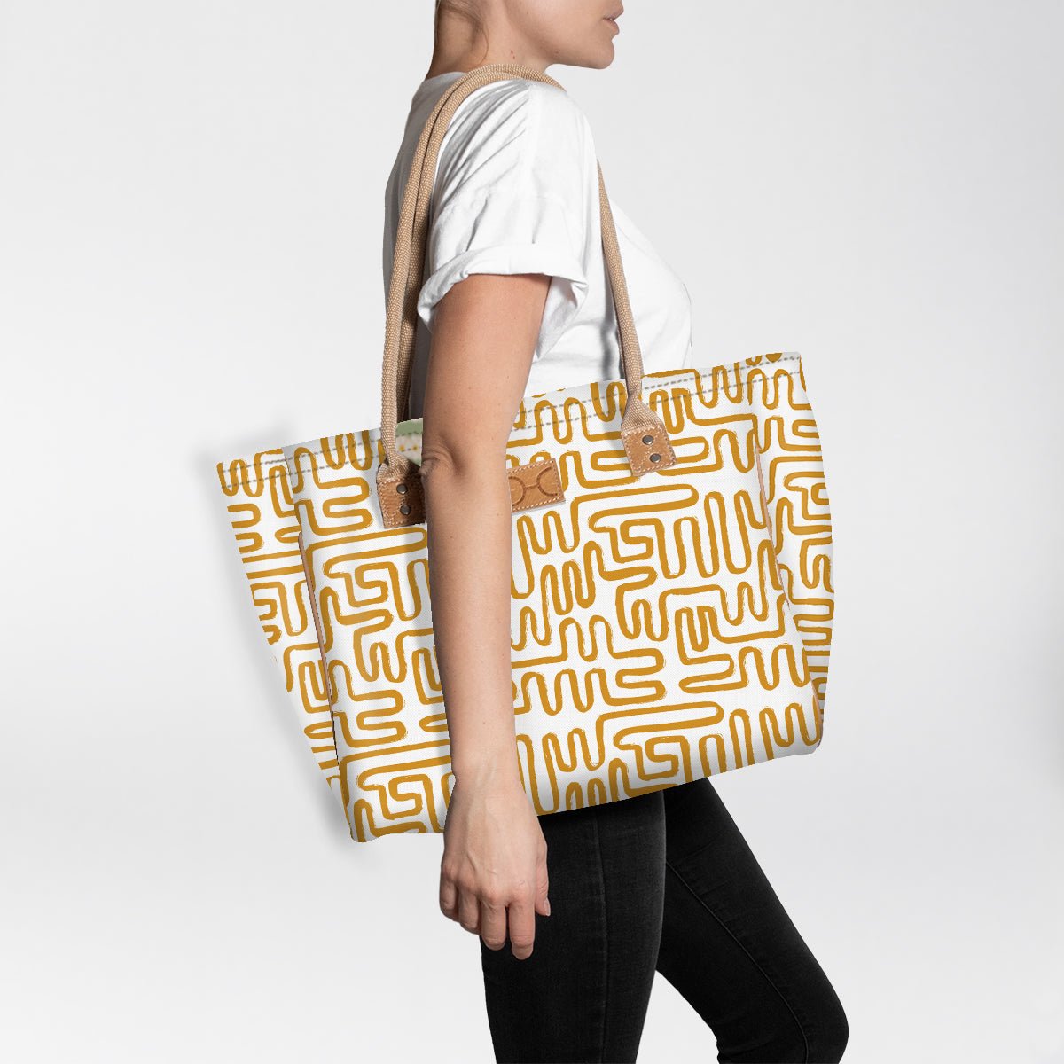 Beach Bag Medium | Laminated Fabric Geo - Sand / Chunky Zip Utility Shopper Bag by Thandana