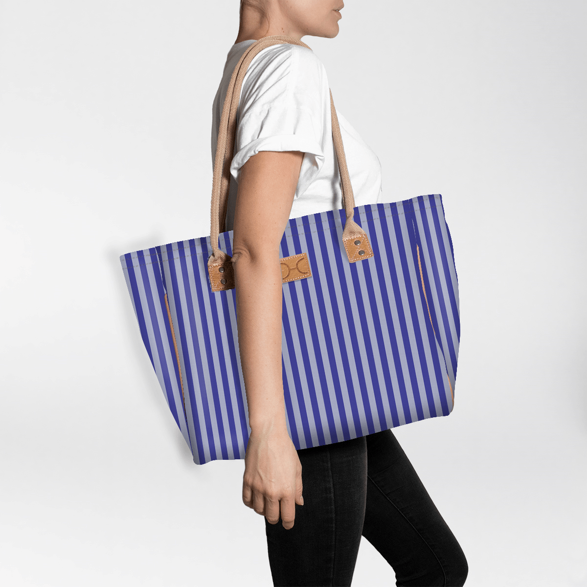 Beach Bag Medium | Laminated Fabric Linear - Jet / Chunky Zip Utility Shopper Bag by Thandana