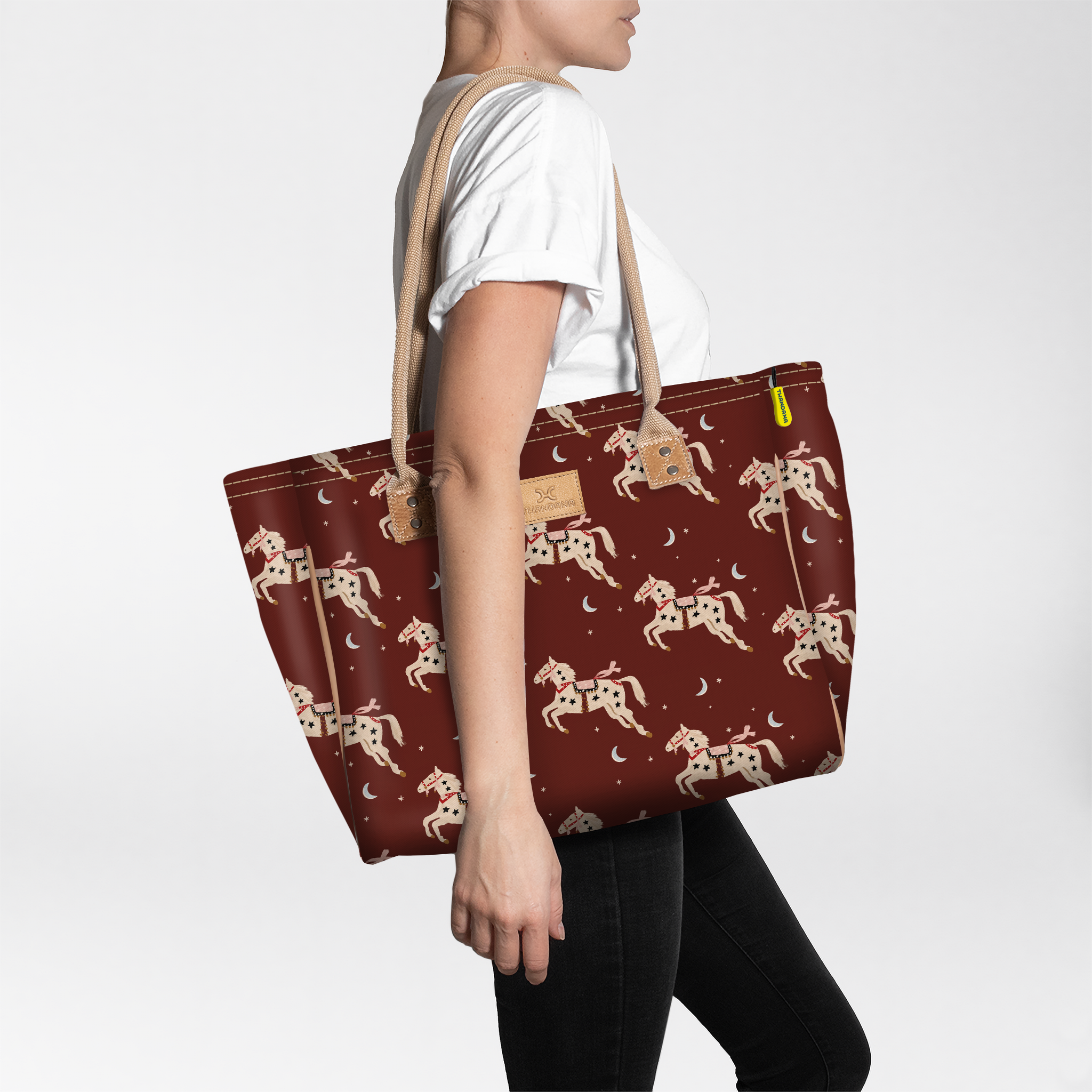 Beach Bag Medium | Laminated Fabric Midnight Pony - Cherry / Chunky Zip Utility Shopper Bag by Thandana