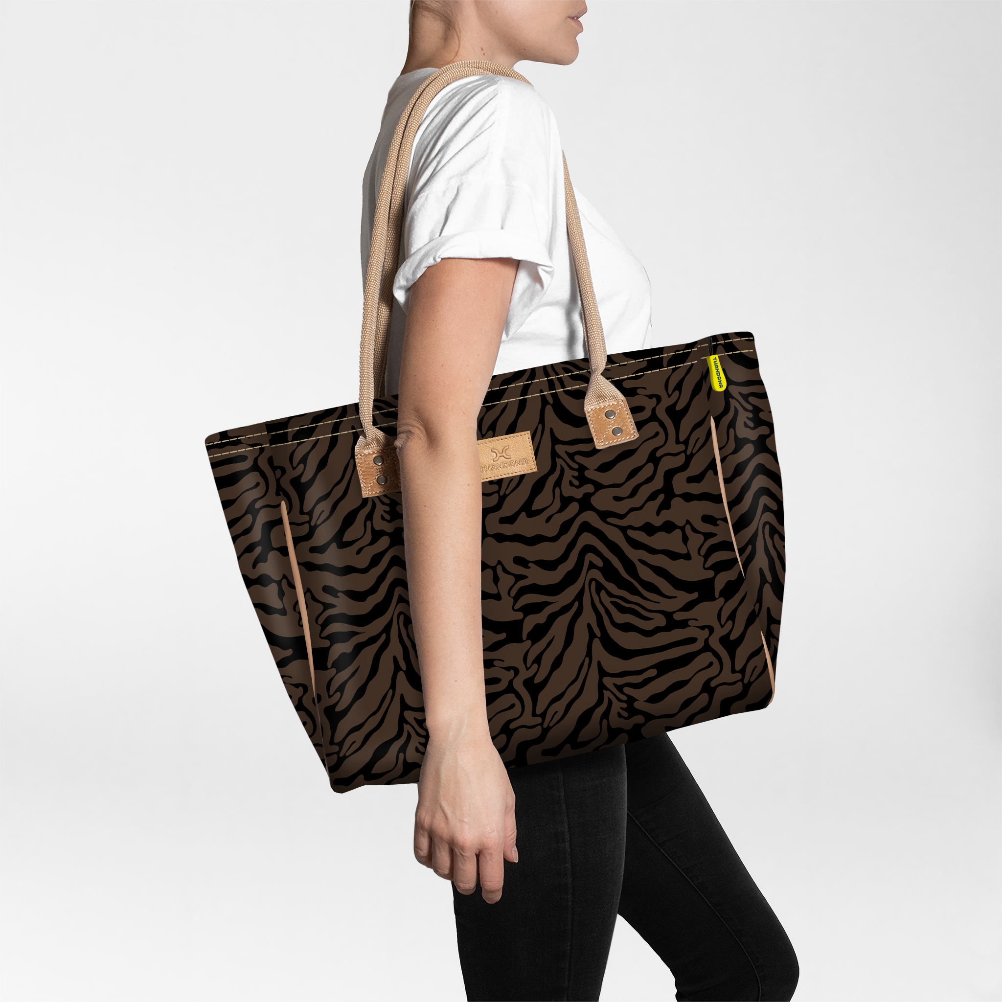 Beach Bag Medium | Laminated Fabric Nomad Stripe - Coffee / Chunky Zip Utility Shopper Bag by Thandana