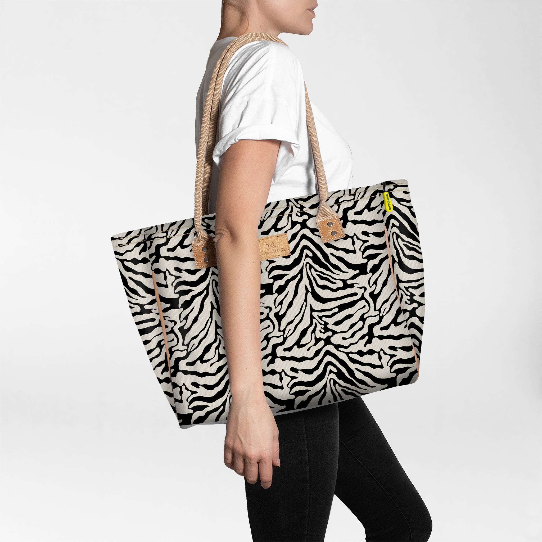 Beach Bag Medium | Laminated Fabric Nomad Stripe - Pitch / Chunky Zip Utility Shopper Bag by Thandana
