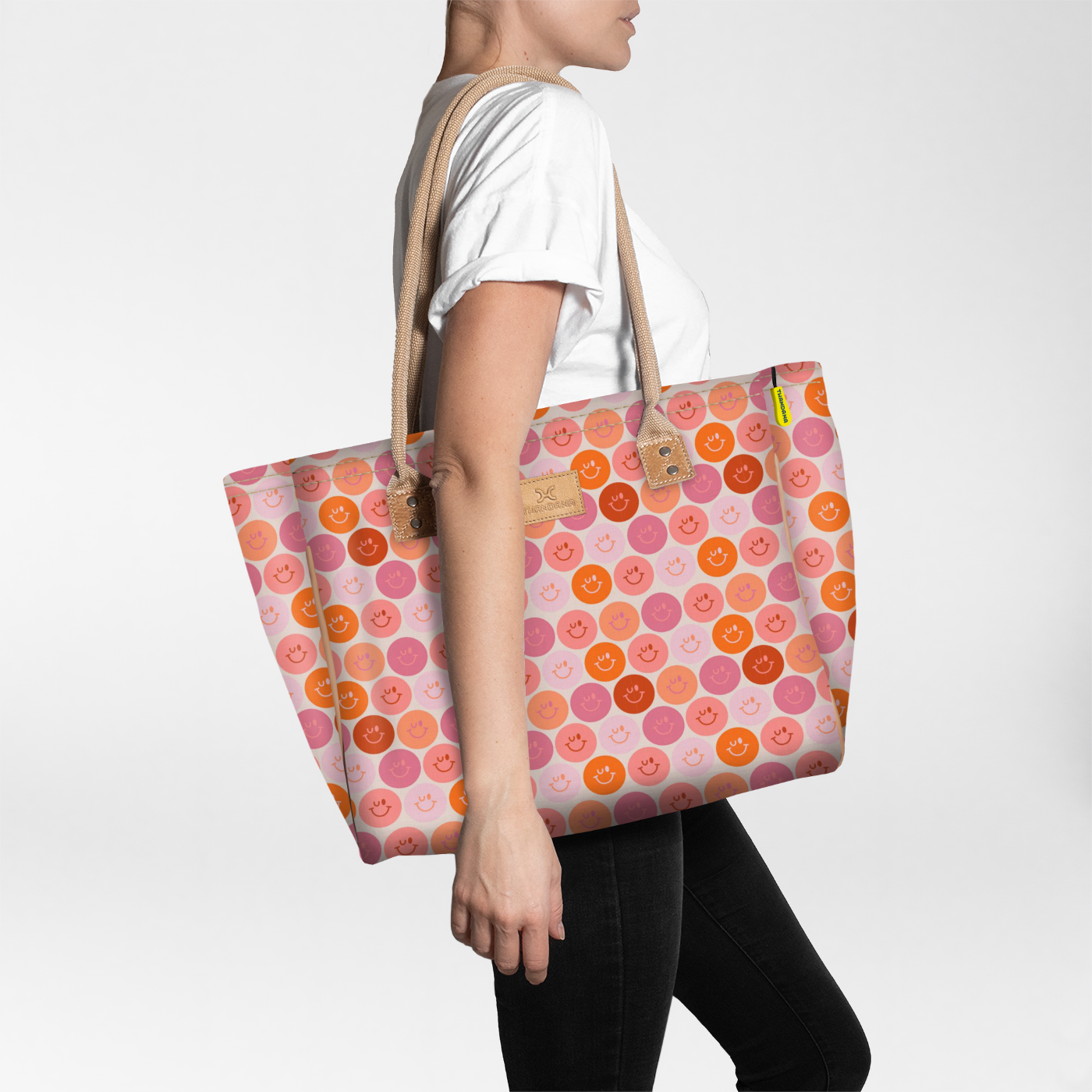 Beach Bag Medium | Laminated Fabric Smiley - Blush / Chunky Zip Utility Shopper Bag by Thandana