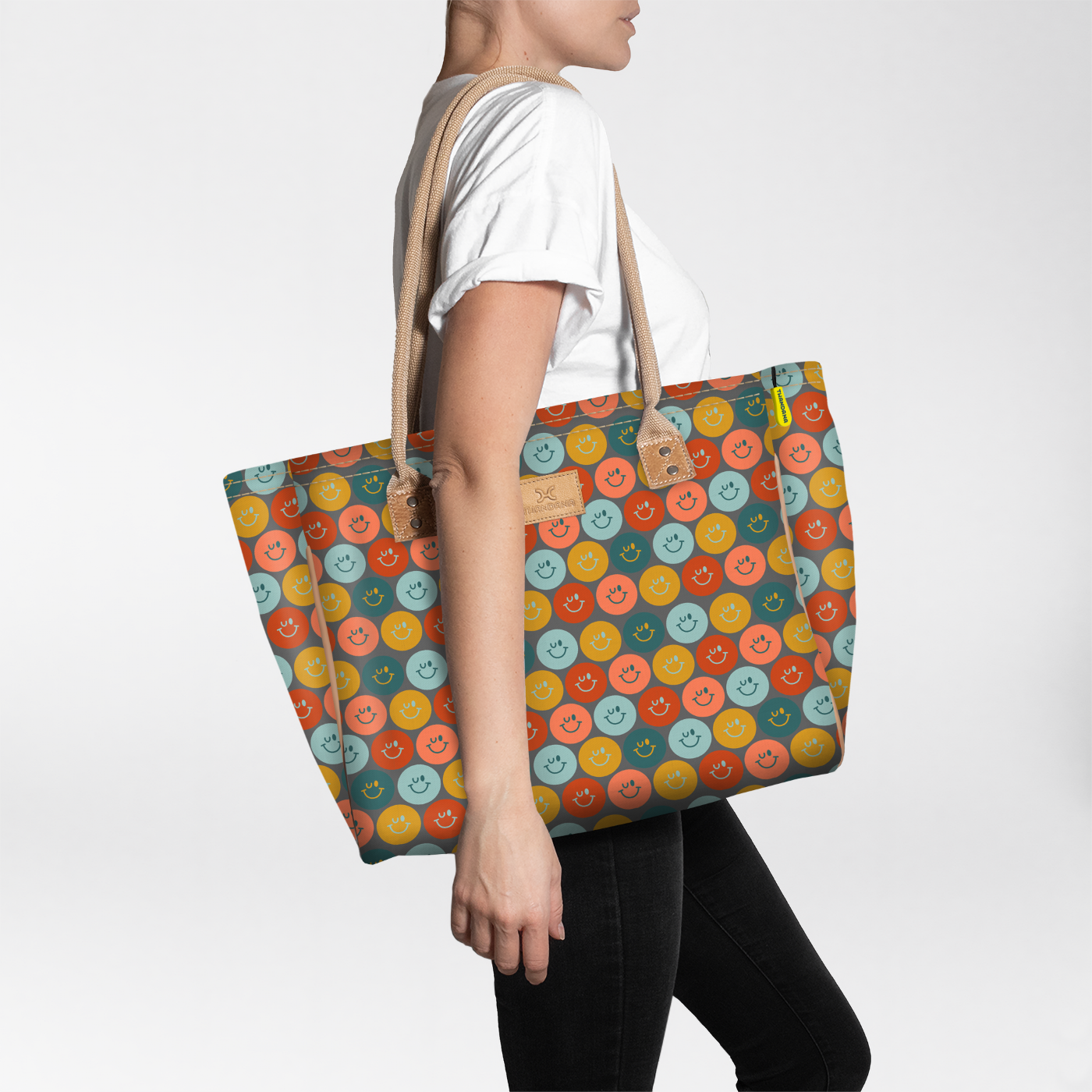 Beach Bag Medium | Laminated Fabric Smiley - Jet / Chunky Zip Utility Shopper Bag by Thandana
