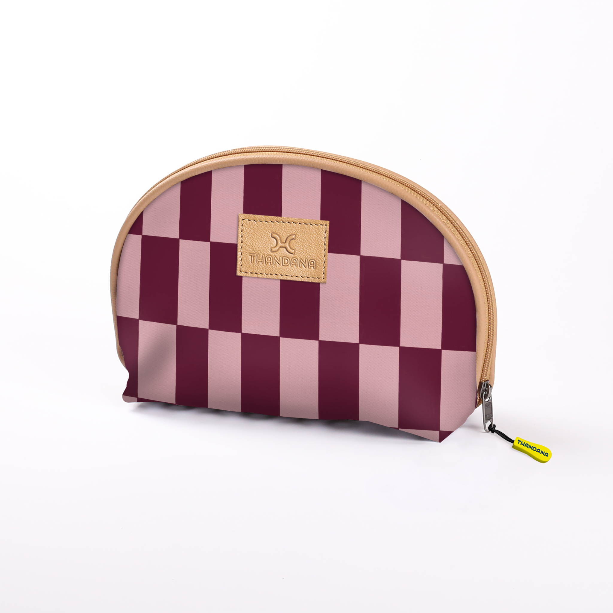 Big Mouth Bag | Laminated Fabric Checkmate - Cherry / Chunky Zip Make Up Fabric Bag by Thandana