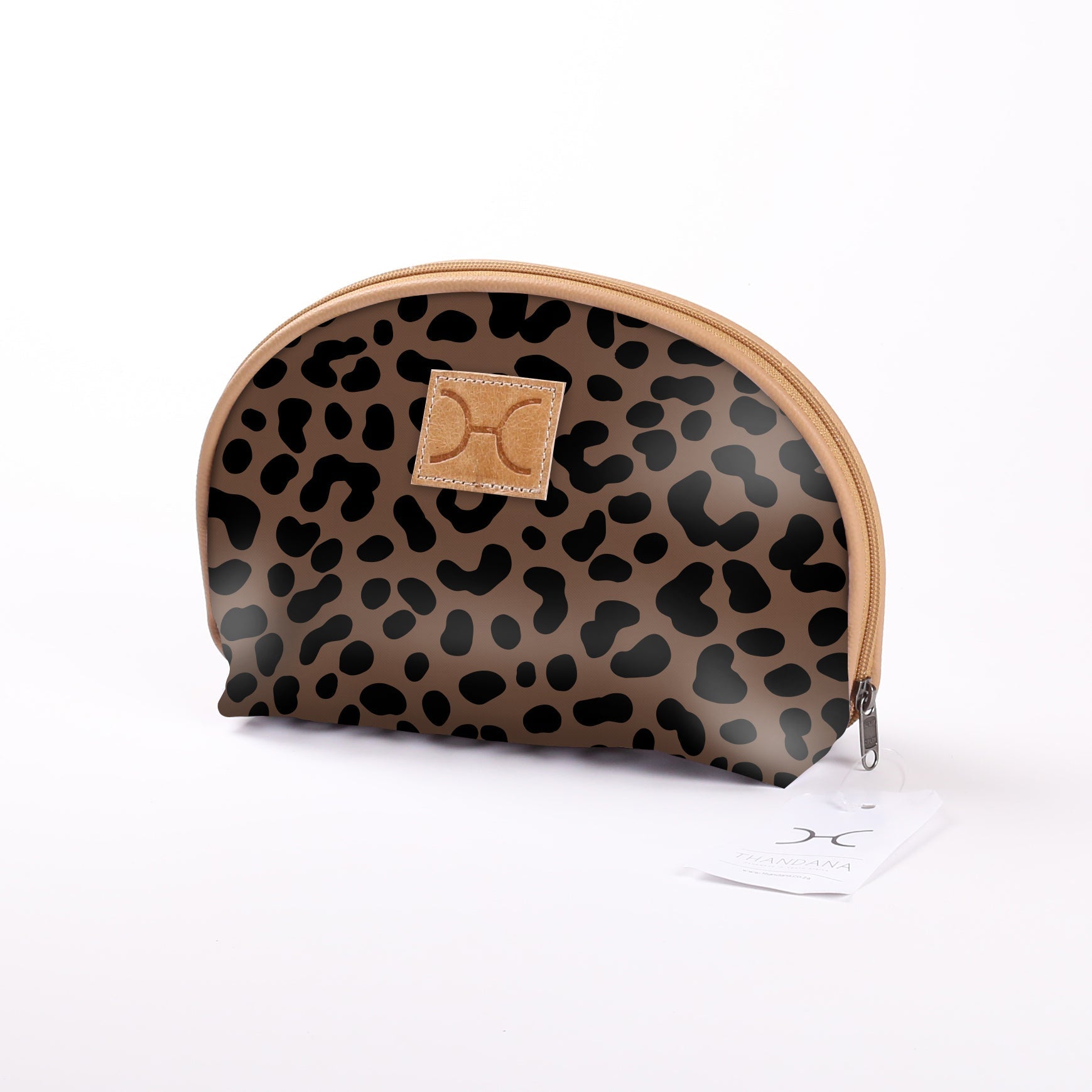 Big Mouth Bag | Laminated Fabric Cheetah - Coffee / Chunky Zip Make Up Fabric Bag by Thandana