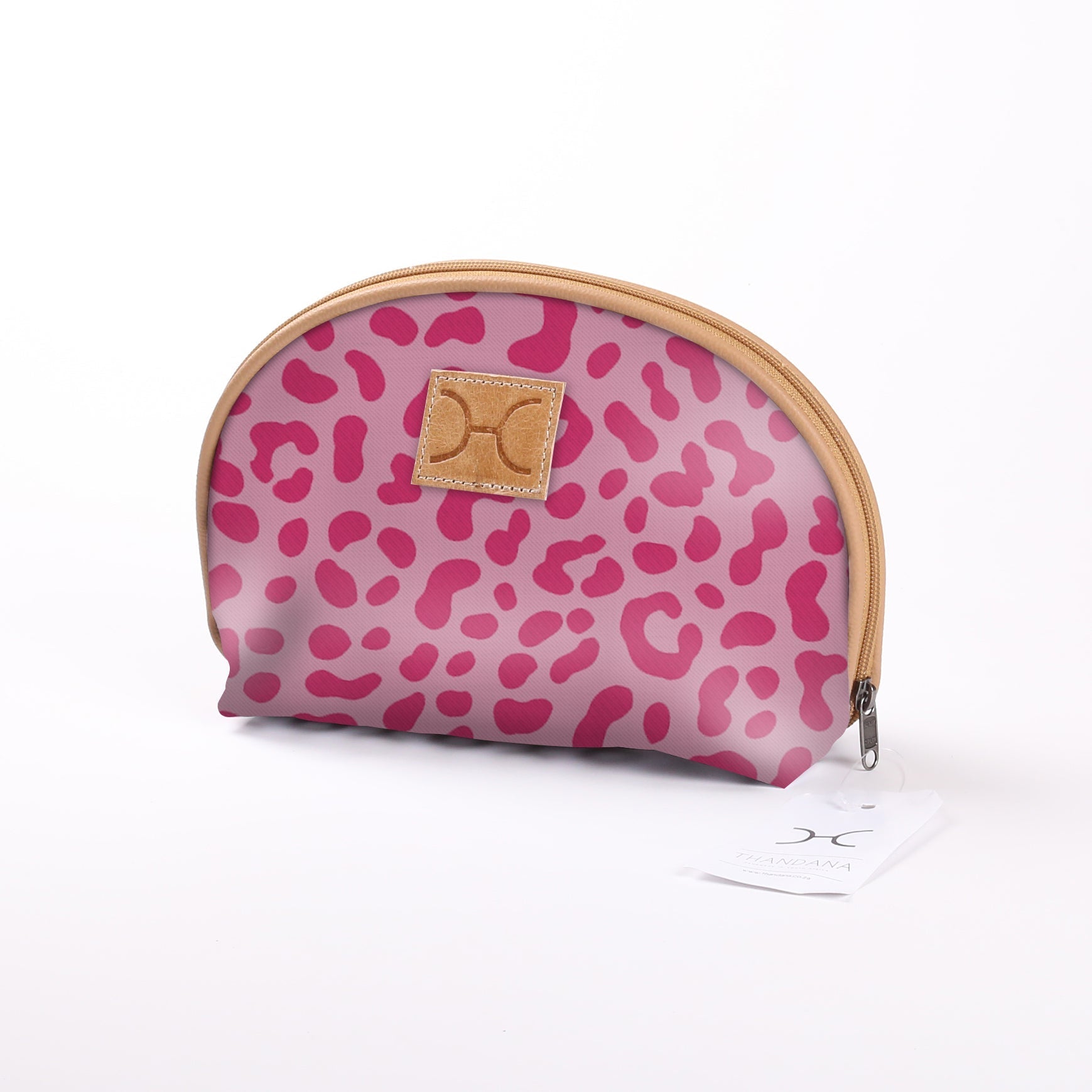 Big Mouth Bag | Laminated Fabric Cheetah - Pink / Chunky Zip Make Up Fabric Bag by Thandana