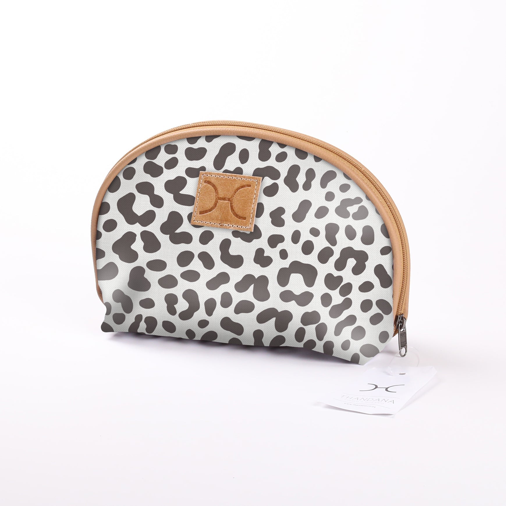 Big Mouth Bag | Laminated Fabric Cheetah - White / Chunky Zip Make Up Fabric Bag by Thandana