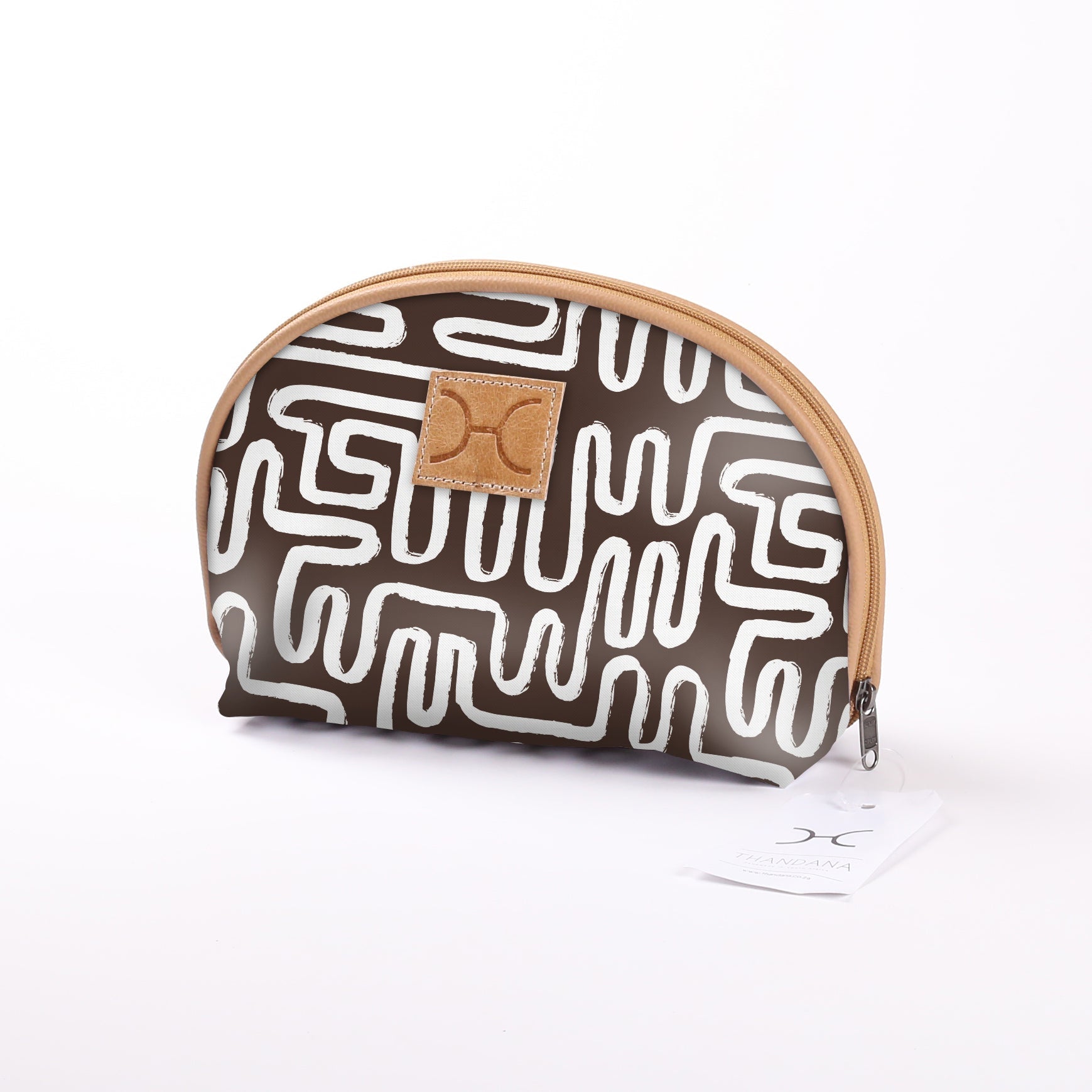 Big Mouth Bag | Laminated Fabric Geo - Black / Chunky Zip Make Up Fabric Bag by Thandana