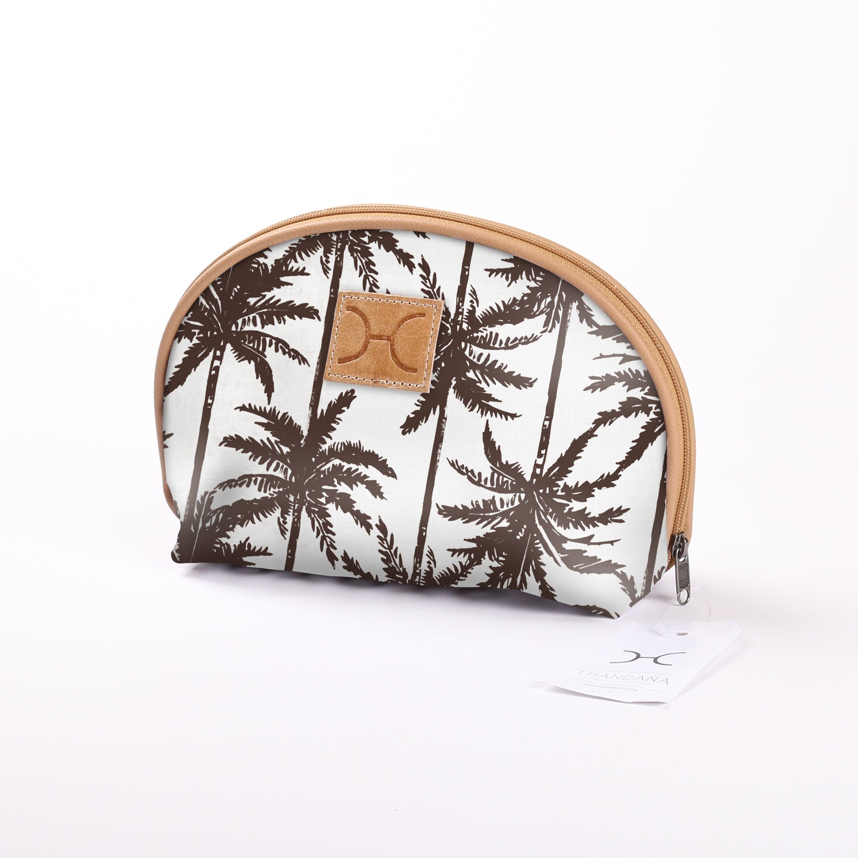 Big Mouth Bag | Laminated Fabric Palm - Neutral / Chunky Zip Make Up Fabric Bag by Thandana