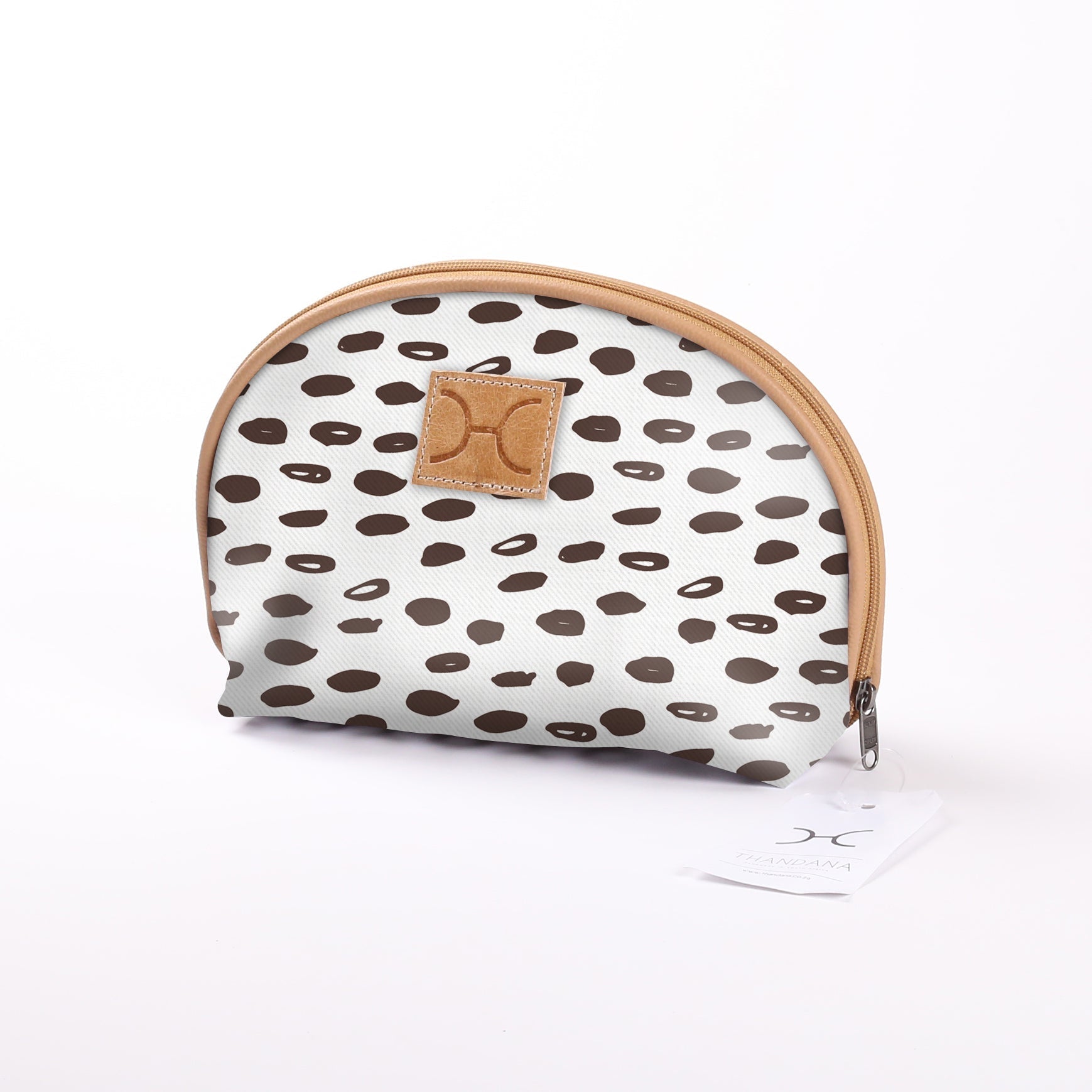 Big Mouth Bag | Laminated Fabric Seeds - White / Chunky Zip Make Up Fabric Bag by Thandana