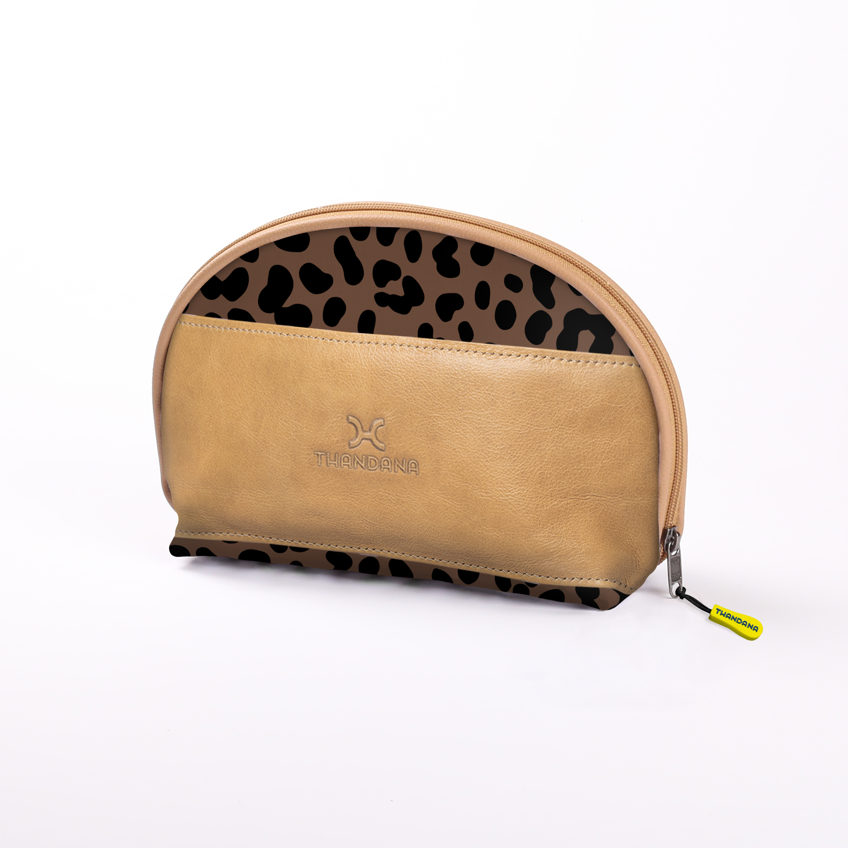 Big Mouth Extender Bag | Laminated Fabric Cheetah - Coffee / Chunky Zip Make Up Fabric Bag by Thandana