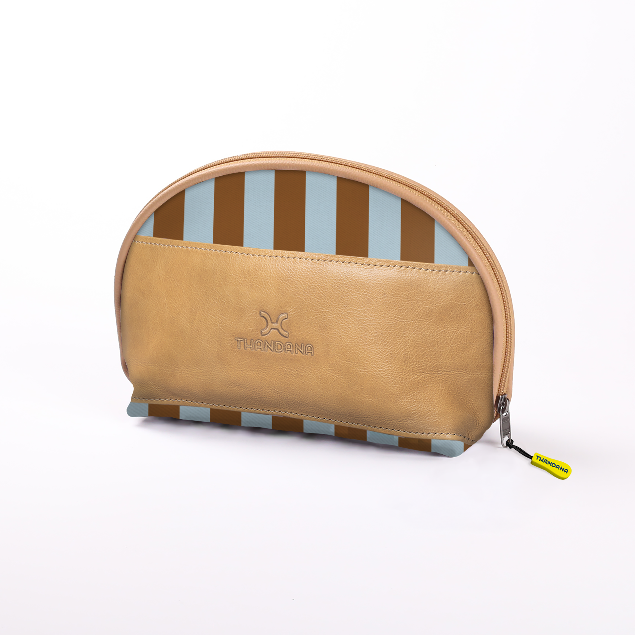 Big Mouth Extender Bag | Laminated Fabric Coastal Stripe - Blue / Chunky Zip Make Up Fabric Bag by Thandana