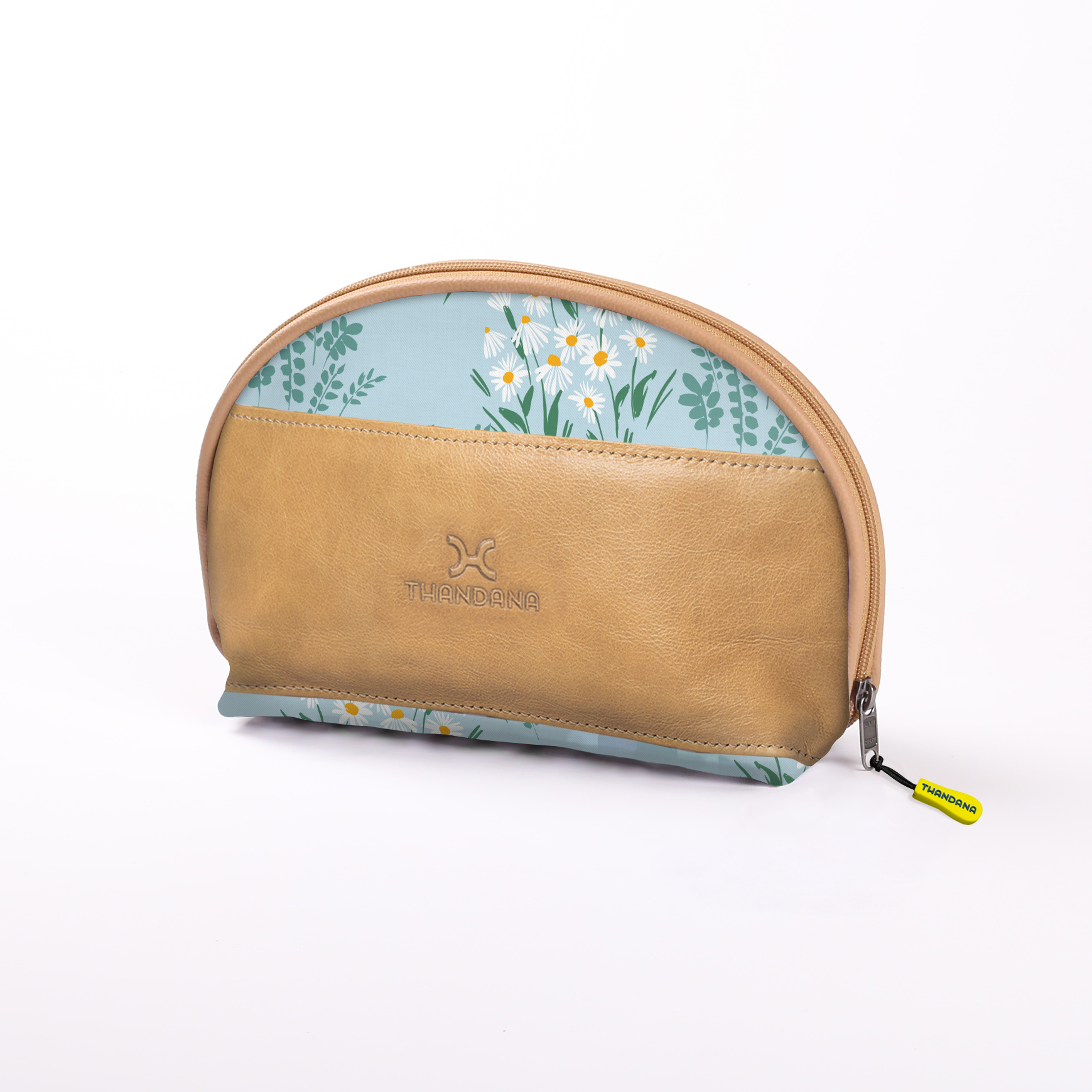 Big Mouth Extender Bag | Laminated Fabric Crazy Daisy - Sage / Chunky Zip Make Up Fabric Bag by Thandana