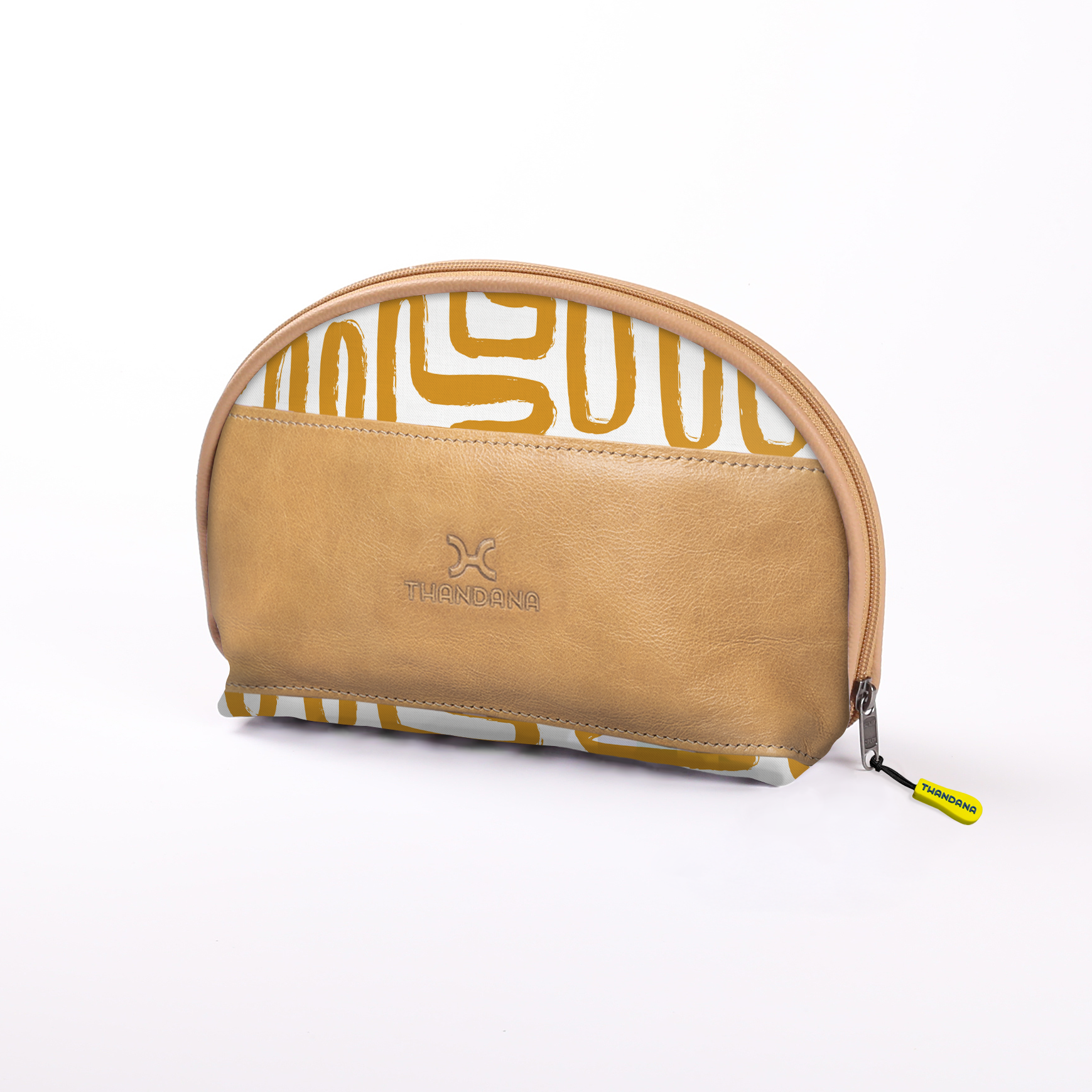 Big Mouth Extender Bag | Laminated Fabric Geo - Sand / Chunky Zip Make Up Fabric Bag by Thandana