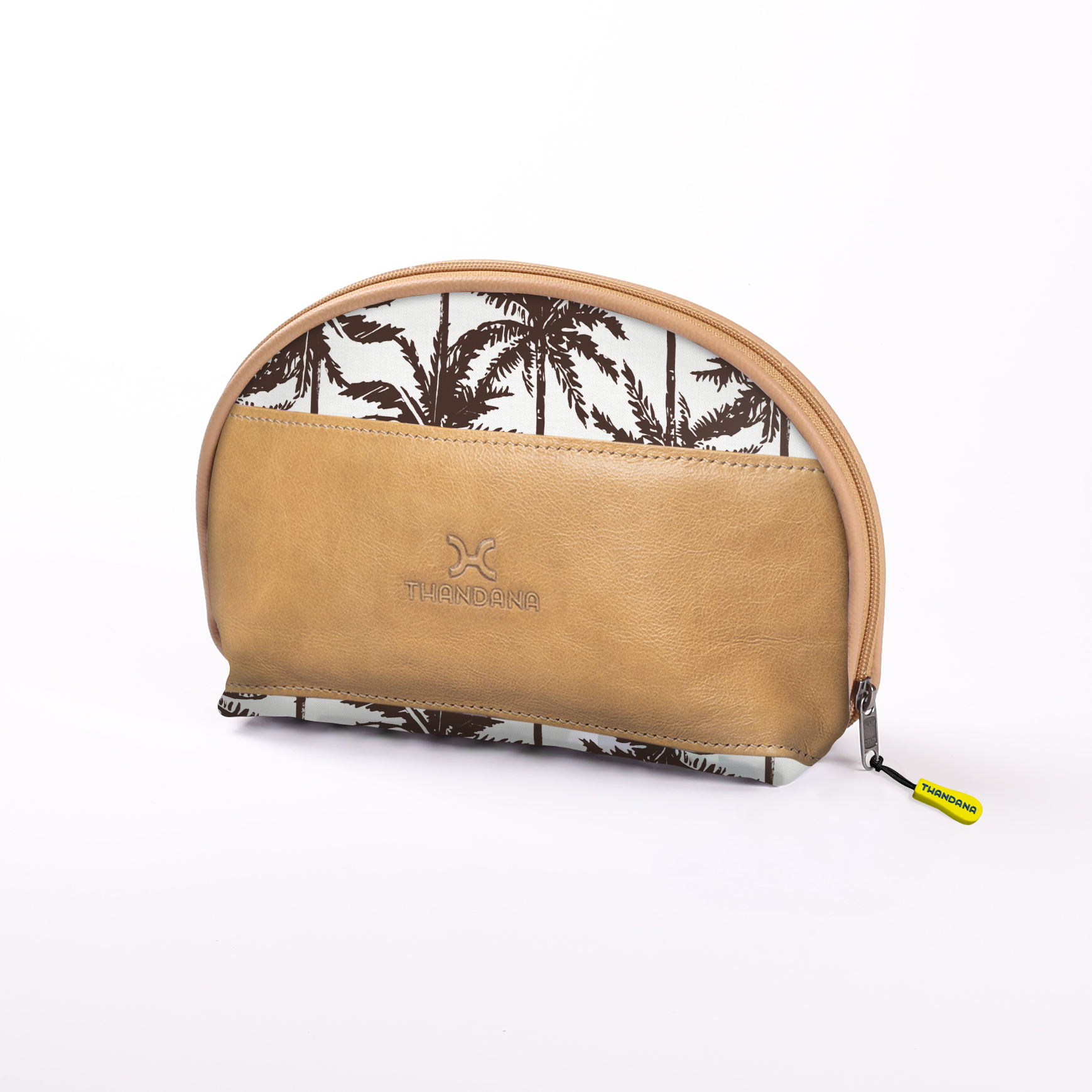 Big Mouth Extender Bag | Laminated Fabric Palm - Neutral / Chunky Zip Make Up Fabric Bag by Thandana